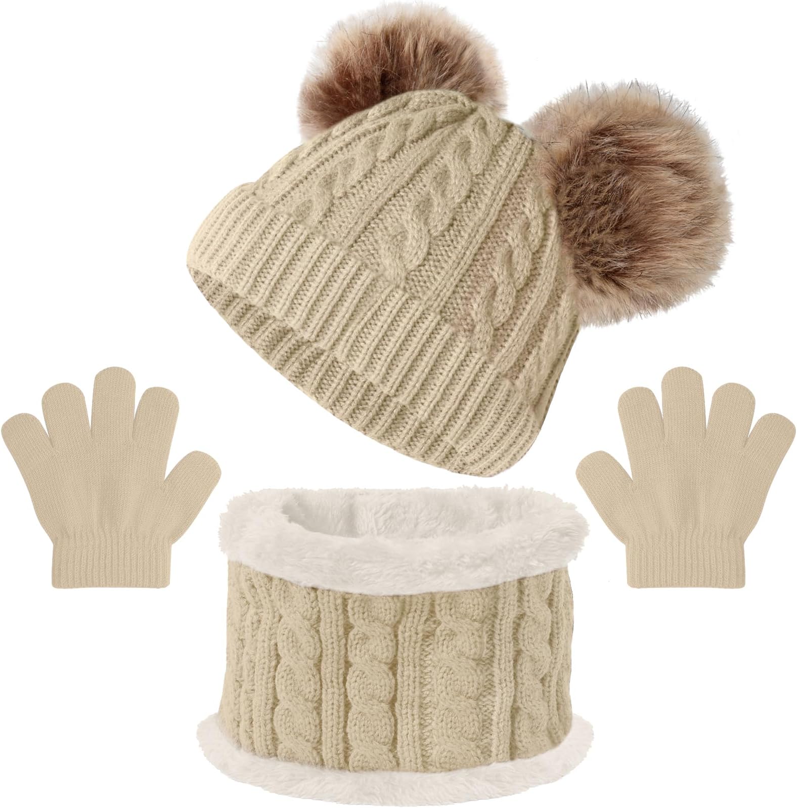 BoniesetKids Winter Beanie Hat Scarf Gloves Set,Toddlers Knit Winter Warm Double Pompom Cap Scarf Gloves for Girls Boys 1-5 Years Old