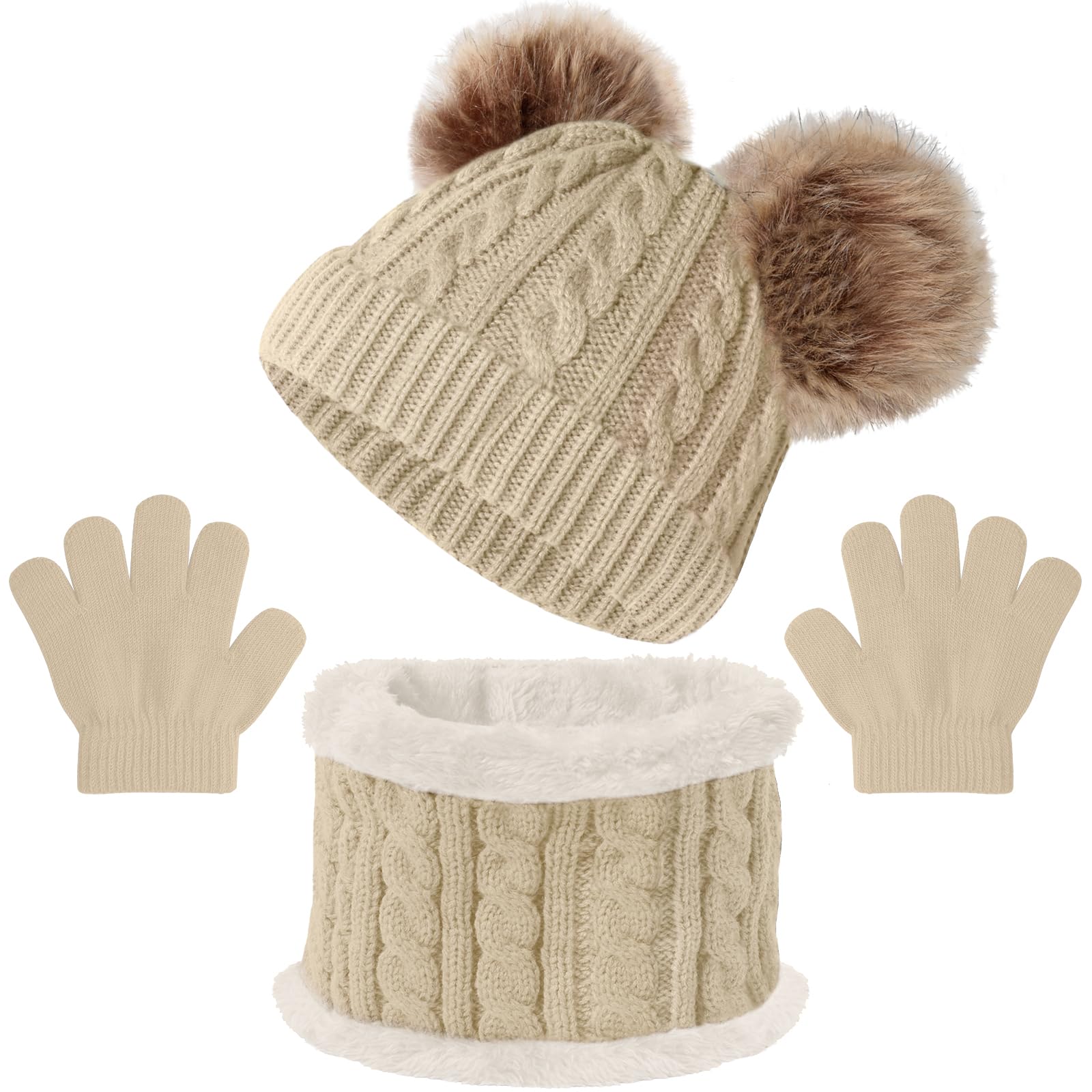 BoniesetKids Winter Beanie Hat Scarf Gloves Set,Toddlers Knit Winter Warm Double Pompom Cap Scarf Gloves for Girls Boys 1-5 Years Old