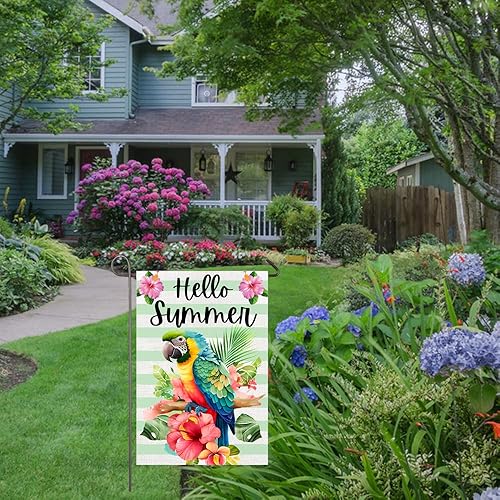 Miniatura 9 de Bandera de jardín de verano con loro de 12 x 18 pulgadas, bandera de doble cara con texto en inglés "Guacamayo Says Hello Summer", bandera de patio