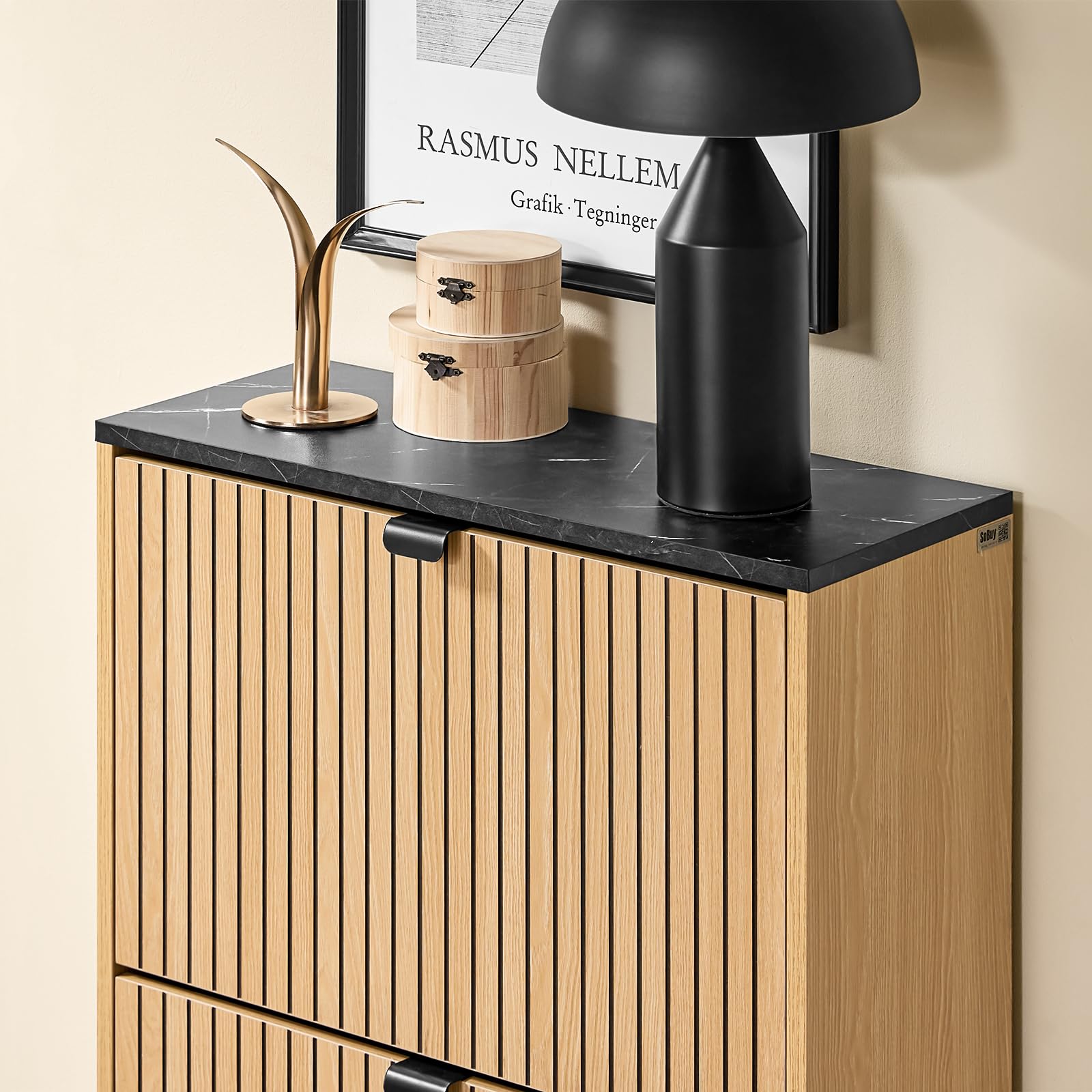 SoBuy Schuhschrank schmal schuhkipper – platzsparendes Schuhregal mit Klappen für Flur & Kommode – modernes Design, für 8-12 Paar Schuhe, bis 30 kg, schwarz/hellholz – FSR202-N