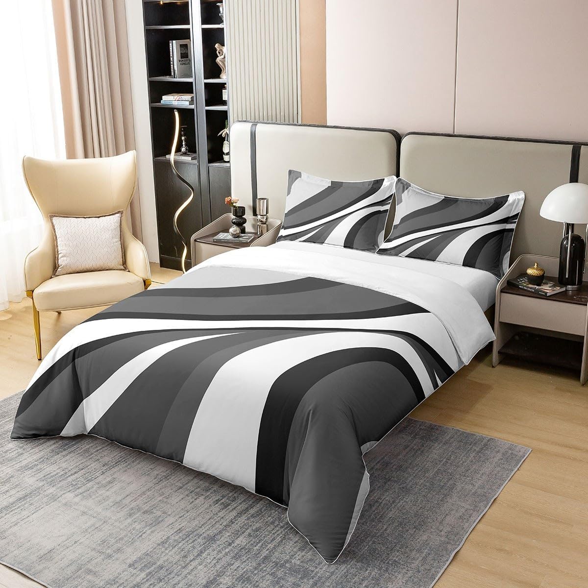 Abstract Swirls 100% Cotton Duvet Cover King Size, Black White Grey Bedding Set for Kids Boys Girls, Lines Comforter Cover Bedroom Decor, Modern Geometric Quilt Cover with 2 Pillow Shams