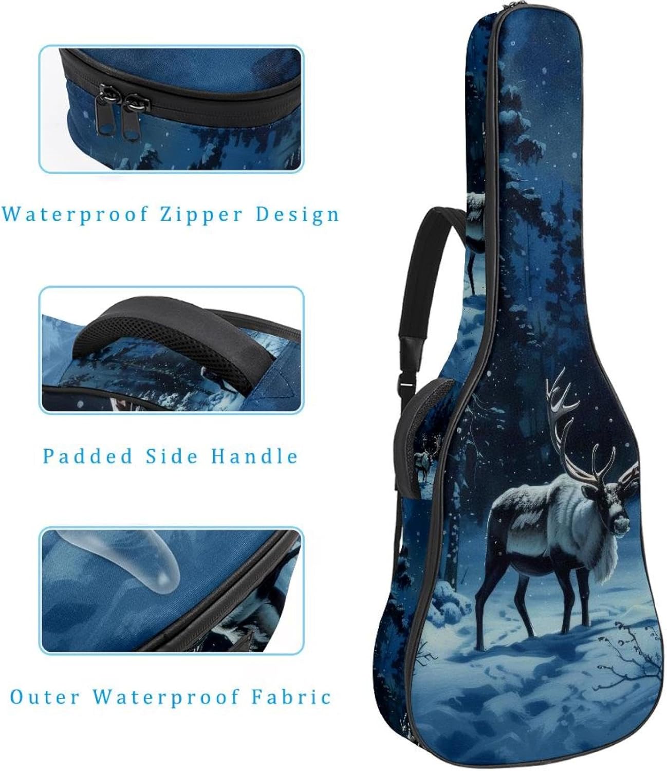 40 41 42 Inch Acoustic Guitar Bag, 0.4 In Thick Sponge Padded Guitar Case Gig Bag with Back Hanger Loop and 2 Pockets, Snow Caribou Tree Forest Night