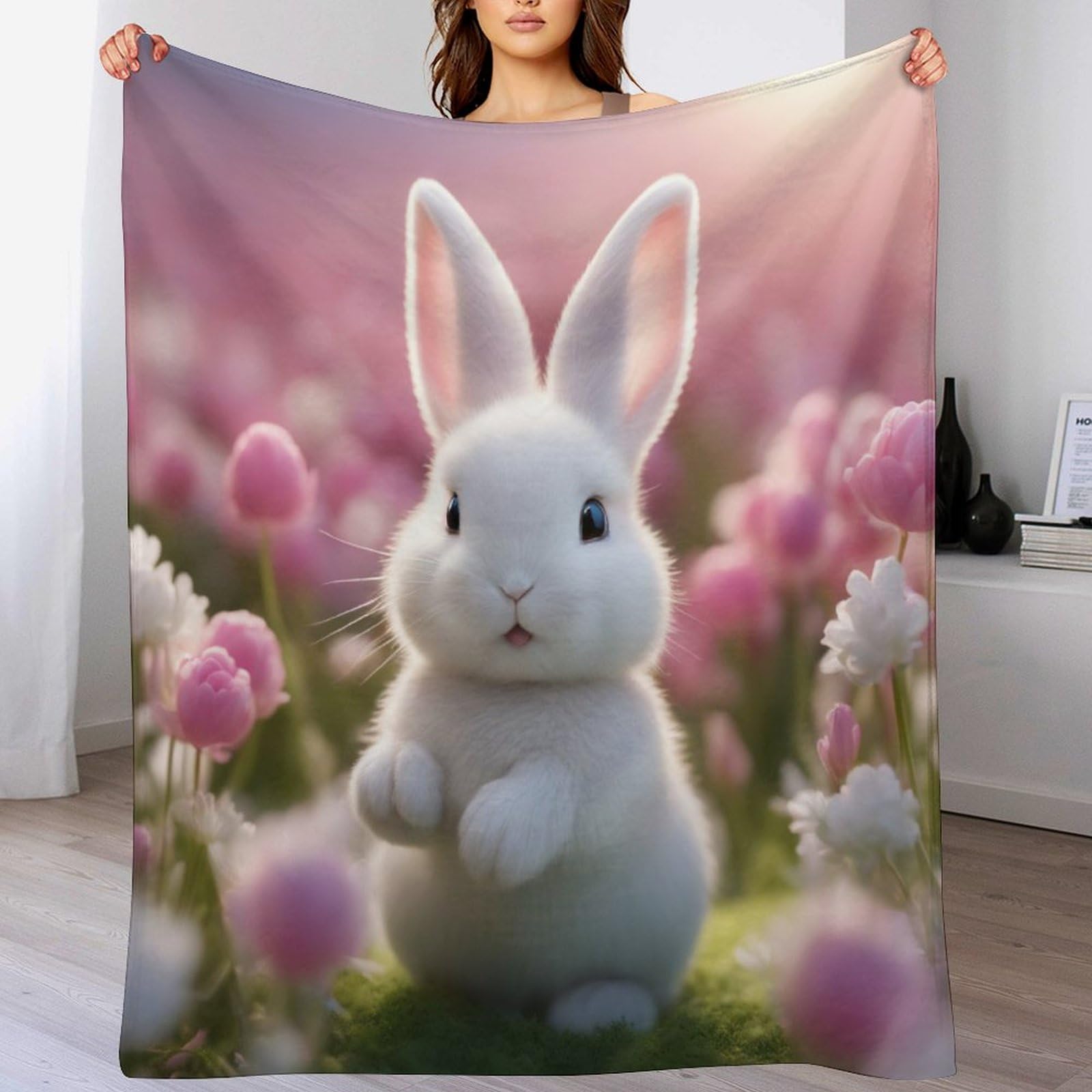 Couverture lapin mignon en flannel polaire super douce pour lit et canapé de 100x130cm