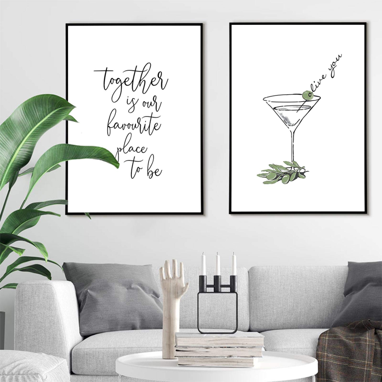 Impresión de arte lienzo pintura Olive You Goblet cartel letra simple juntos arte de la pared imagen dormitorio moderno decoración de la sala de estar 55x75cmx2 marco interior
