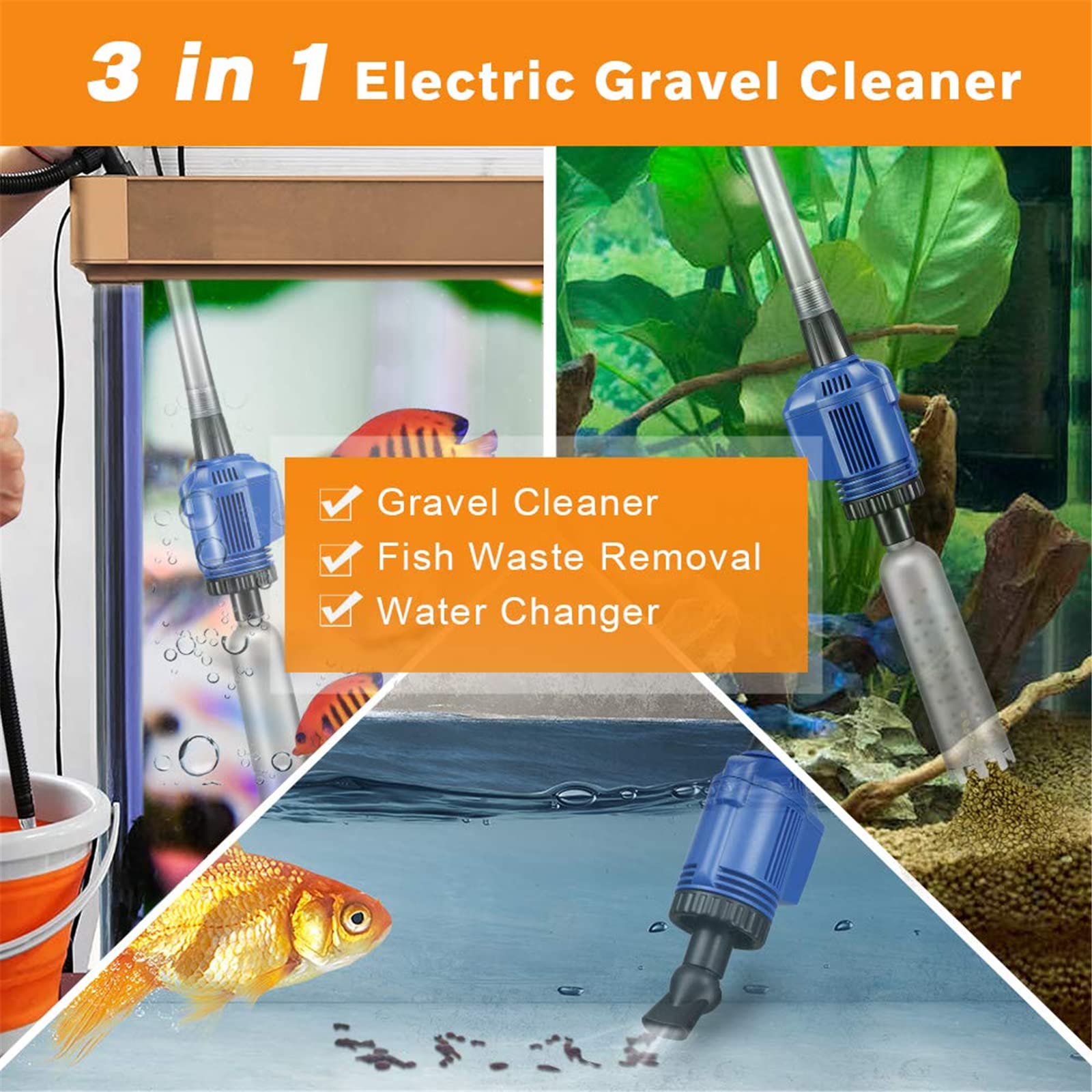 Aspirateur d'aquarium, Nettoyeur de Gravier électrique pour Aquarium, Filtre à Siphon d'aspiration Puissant, Laveur de Sable, changeur d'eau, Longueur réglable pour Le Nettoyage de