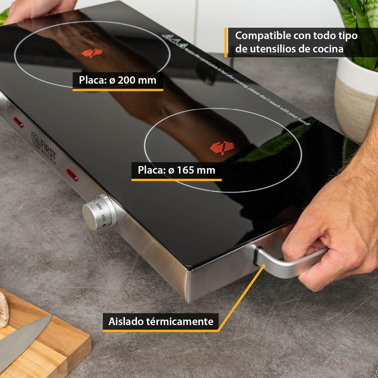TZS First Austria - Placa de cocción doble infrarrojos vitrocerámica TODOS los tipos de ollas 2800W - Mini Hornillo eléctrico para mudanza, camping y hogar - Regulación continua y luz de control