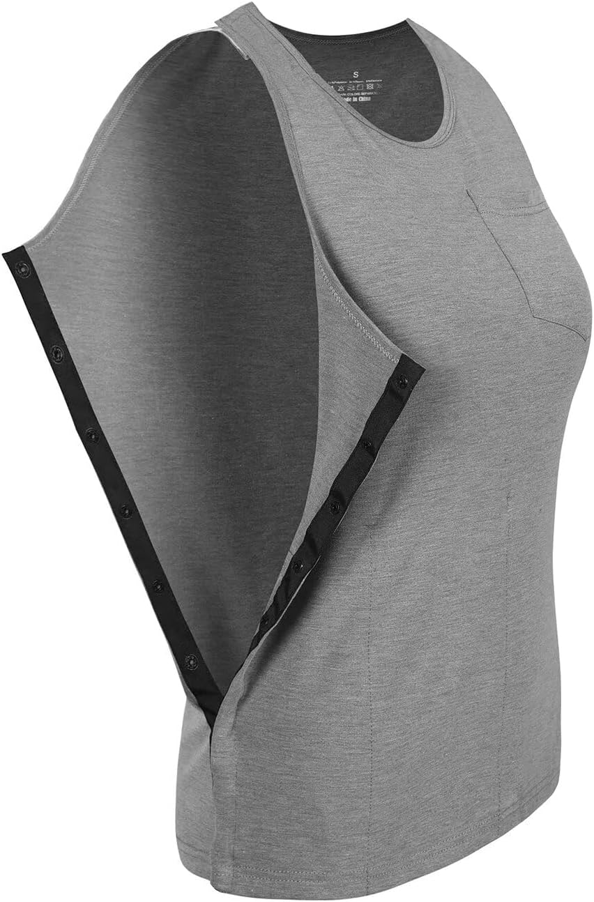 Landofgenie Women's Shoulder Surgery Shirt with Snap Buttons - Sleeveless Recovery Tee with Inner Pocket for Mastectomy
