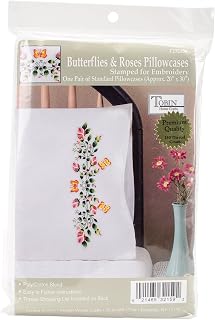 Tobin Stamped Pillowcases, Butterflies and Roses, 20" x 30" Embroidery Kit, Pink