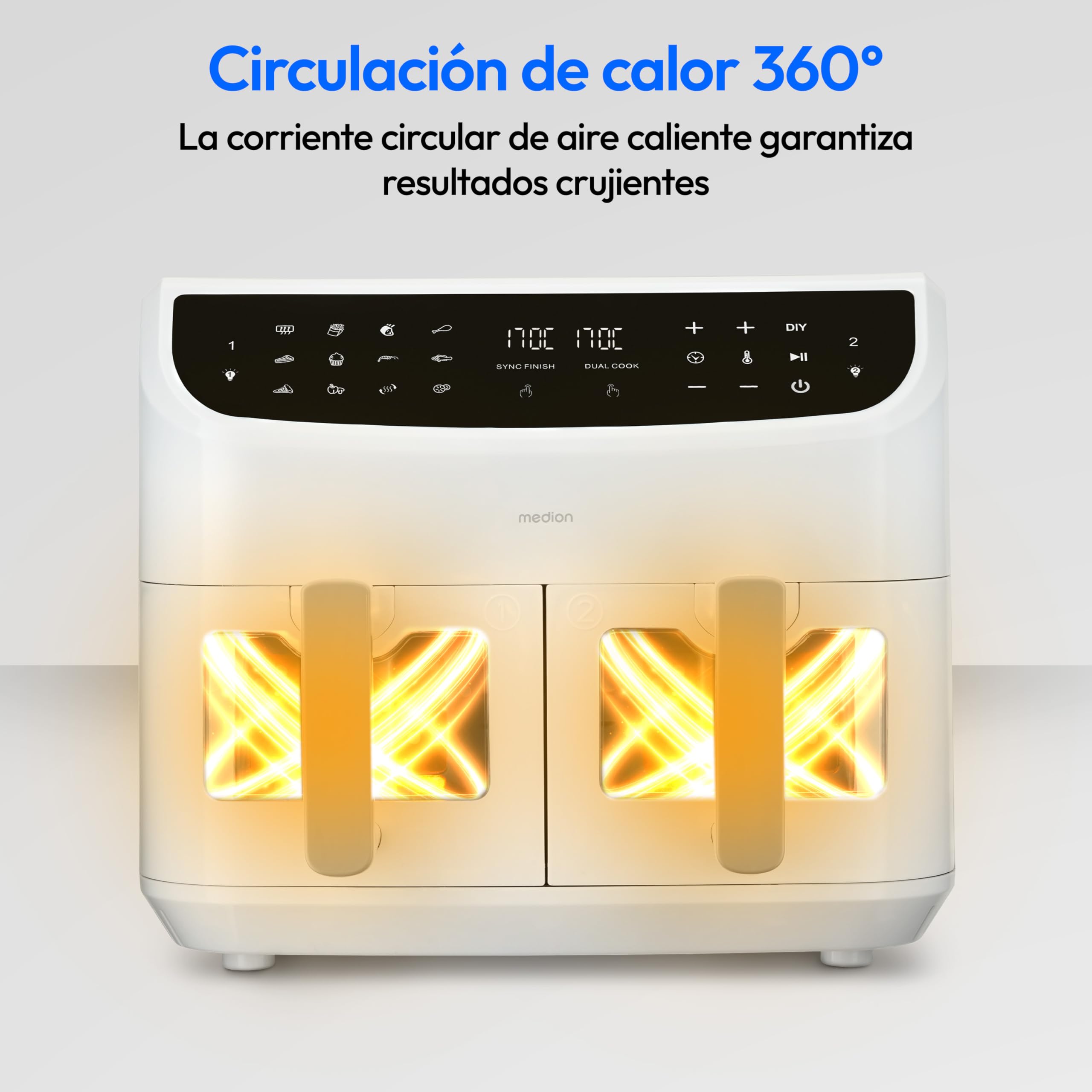 MEDION P20 XXL Freidora de Aire Doble Cesta MD11760 Blanco | 8,7 L, 2600 W, 10 Programas, 2 Cajones, Ventana, Air Fryer Dual XXL