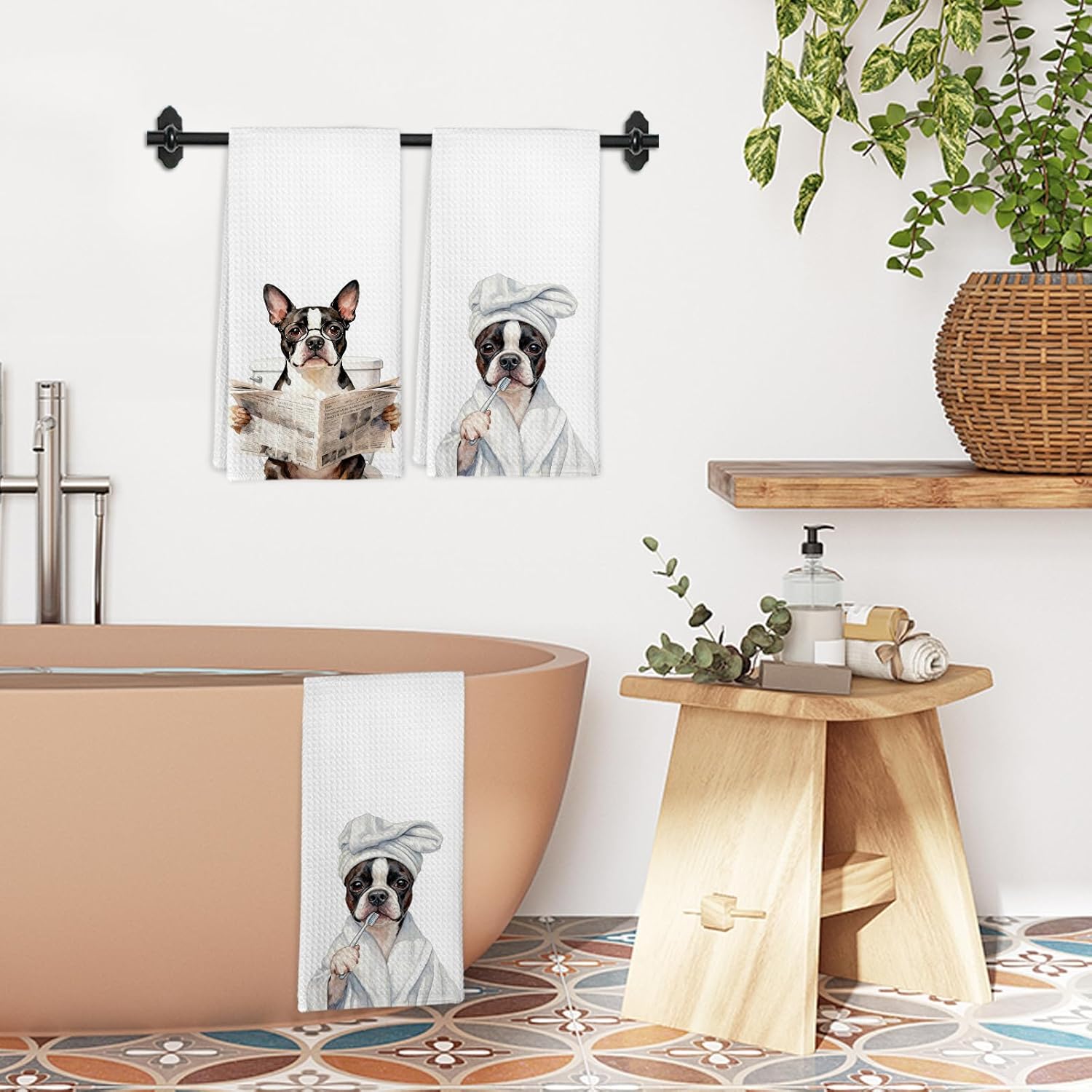 Funny Boston Terrier Dog Hand Towels Gifts for Women Men Dogs Owners, Boston Terrier Dog Dish Tea Towels for Kitchen Bathroom Decor, Dogs Lover Gifts Decorative Hand Towels Set of 3, 16x24