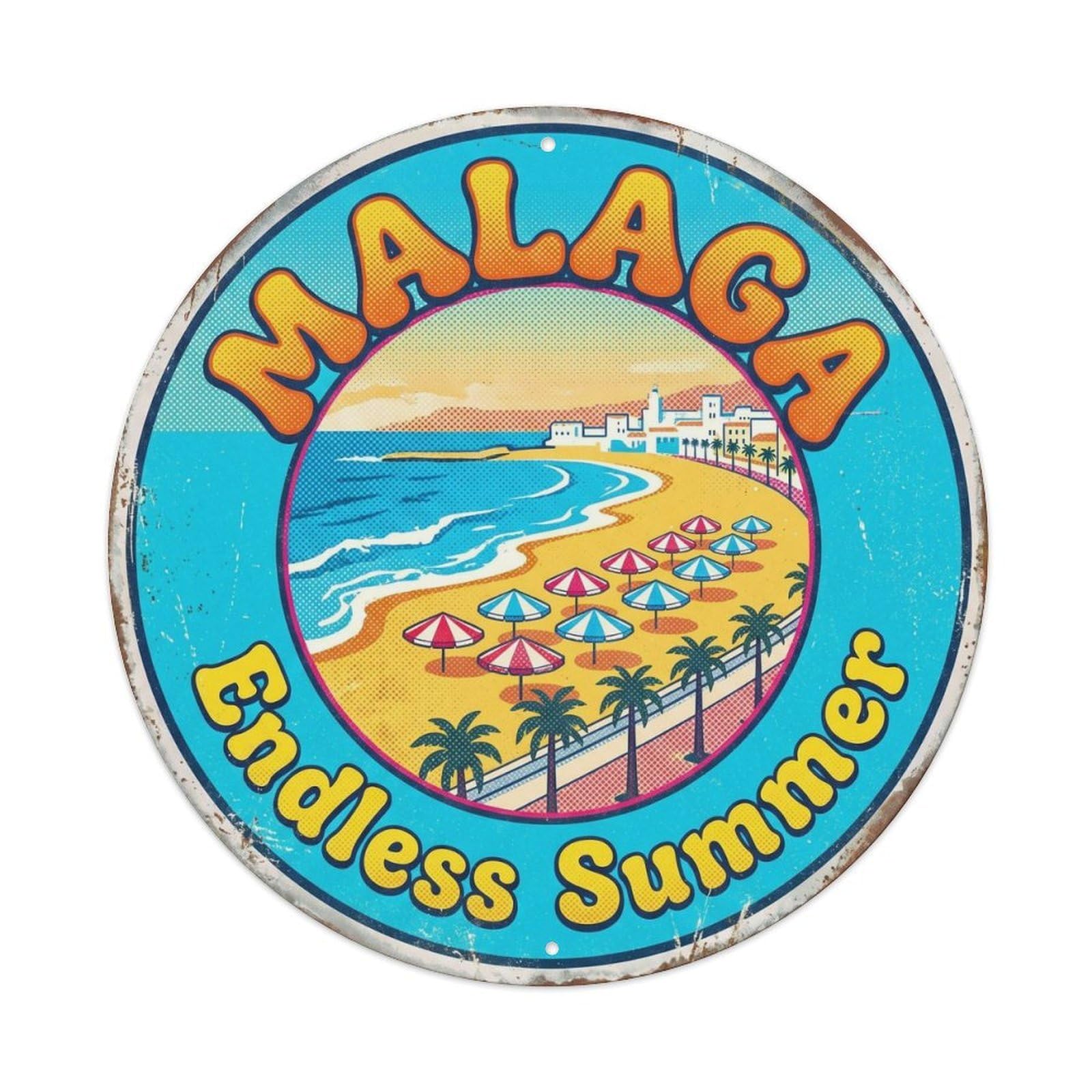 Malaga Beach Coastline Cityscape Vintage Travel Map Cartography Metal Tin Sign Plaque Wall Decor for Cafe, Man Cave, Club Bar, Office, Home Garden Round Metal Poster 8x8Inch
