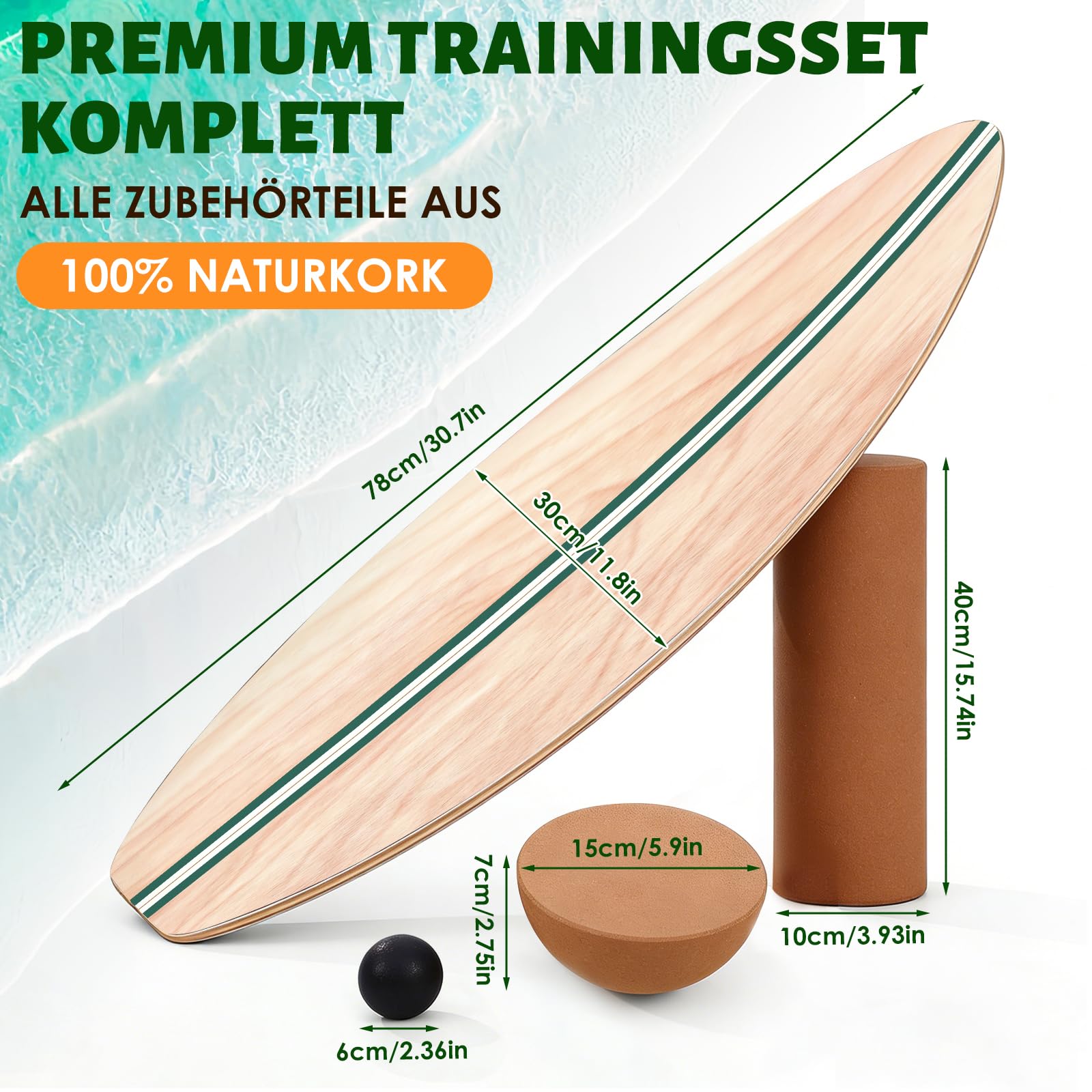 Tabla de equilibrio, tabla de equilibrio de madera para adultos con rodillo de corcho, semiesfera de corcho y pelota de goma, entrenador de equilibrio con tratamiento de superficie antideslizante