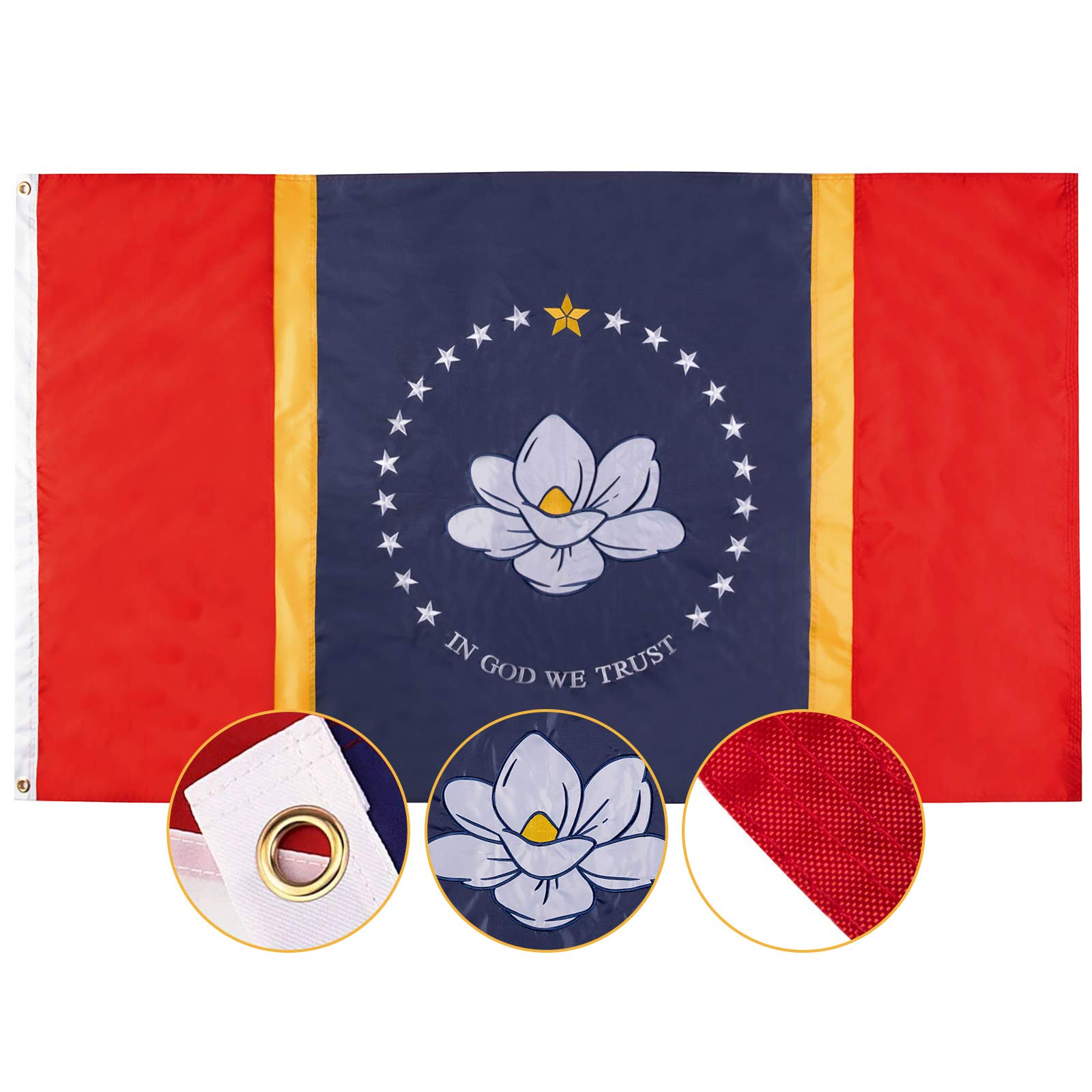 FLAGBURG Embroidered New Mississippi State Flag 3x5 Ft, In God We Trust Flag Featuring Embroidered Magnolia Pattern and Brass Grommets,Long Lasting New MS Flag for Outdoor Indoor Display