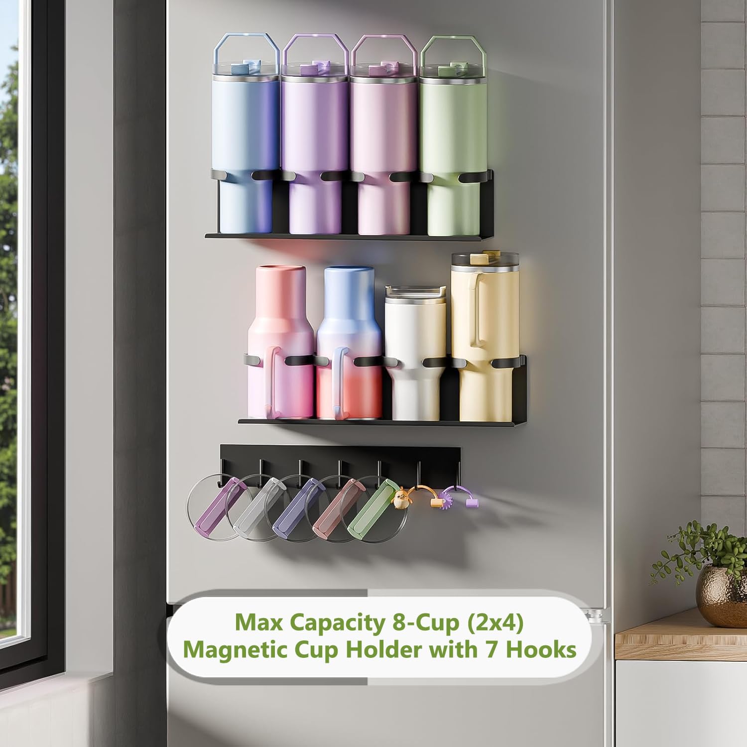 Max Capacity 8-Cup (2x4) Magnetic Stanley Cup Holder for Stanley & Yeti Tumblers (20/30/40oz) – Holds 4 Water Bottle Each, Tumbler Organizer with 7 Hooks for Kitchen Fridge & Metal Surfaces - Image 7