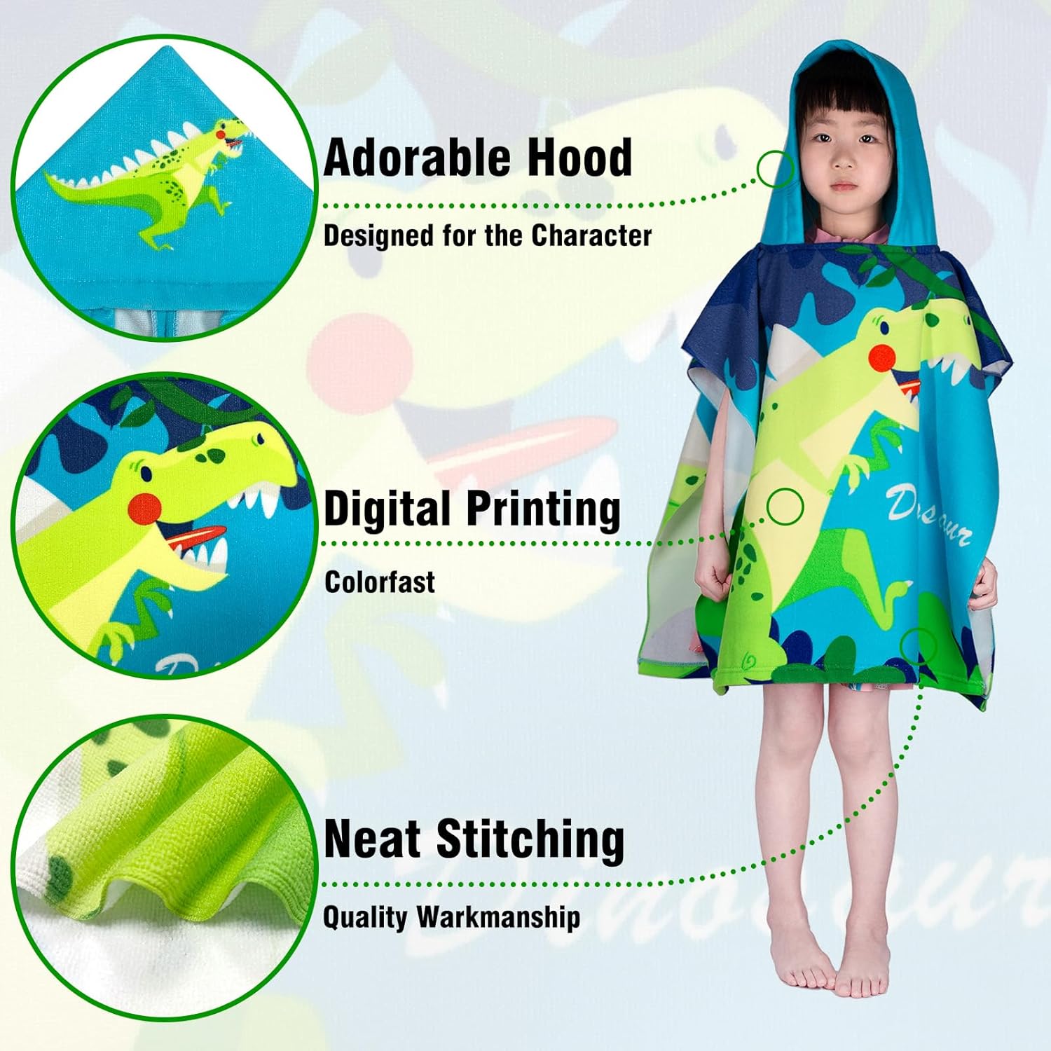 Hooded Kids Beach Towels - Toddler Bath Towel Girls Boys Swim Cover-ups for Ages 1 to 6 Kids Pool Towels Quick Dry Lightweight Soft Microfiber Poncho Towel 24x23(Dino Jungle) - Image 3