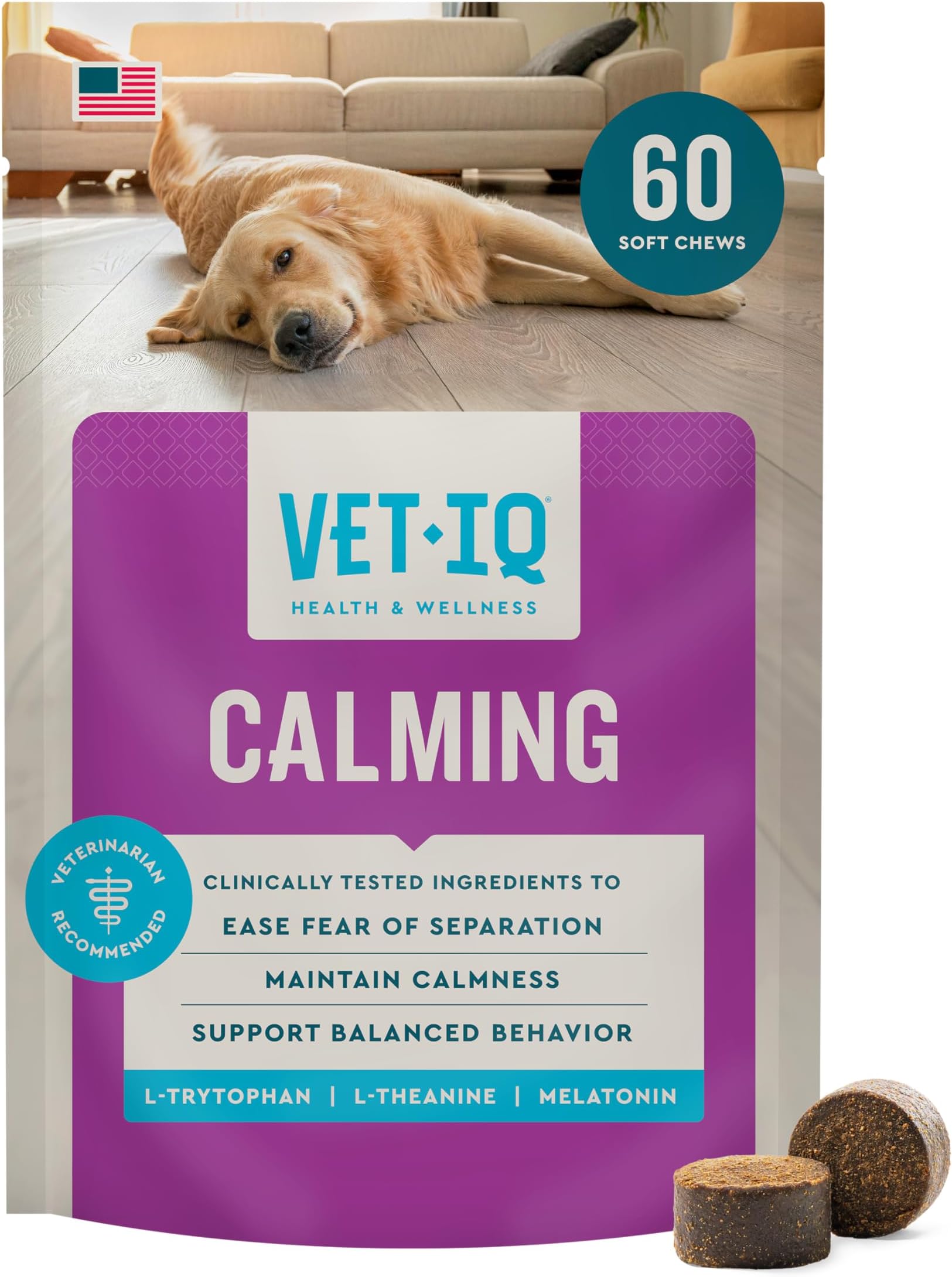 VetIQ Calming Support Supplement for Dogs, Calming Chews Help Manage Stress and Promote Relaxation, Anxiety Relief for Dogs, Made in The USA, 60 Count