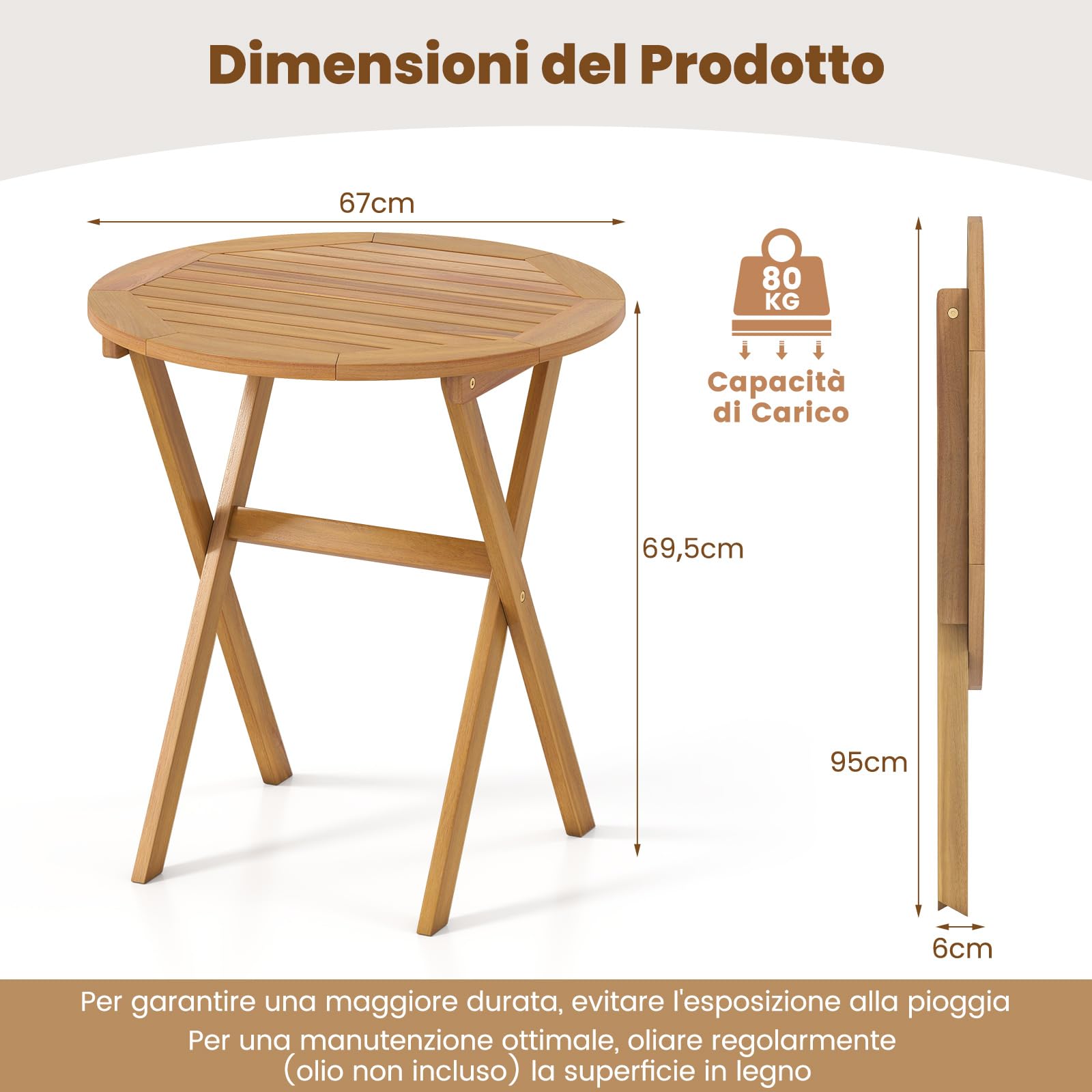 COSTWAY Tavolo Pieghevole da Esterno, Tavolo Bistro Rotondo Ø 67 cm, Legno di Acacia, Struttura a X, Piano a Doghe, per Giardino, Balcone, Cortile, Portata 80 kg