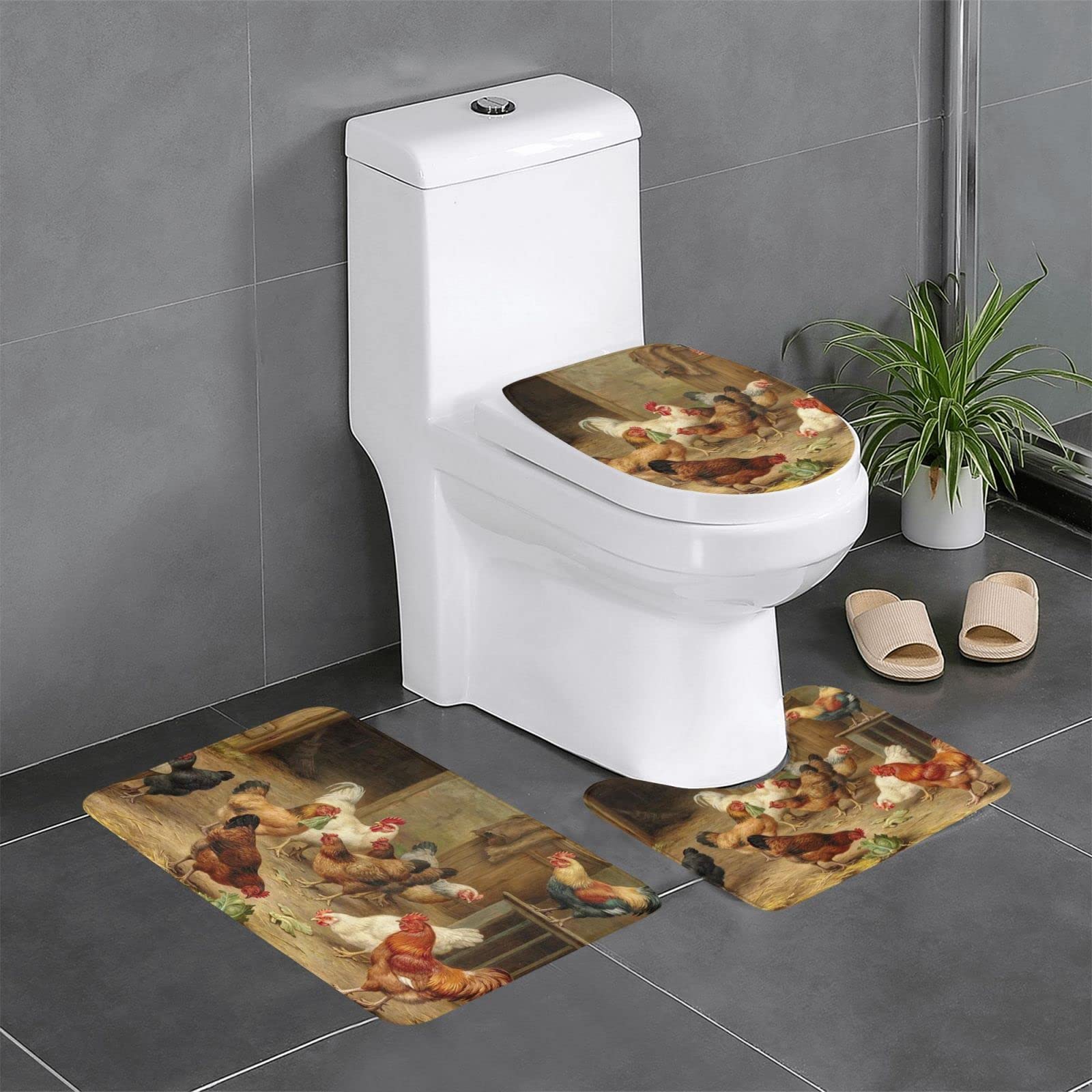 Tapis de salle de bain poule : lot 3 pièces antidérapant avec contour et couvercle de toilette