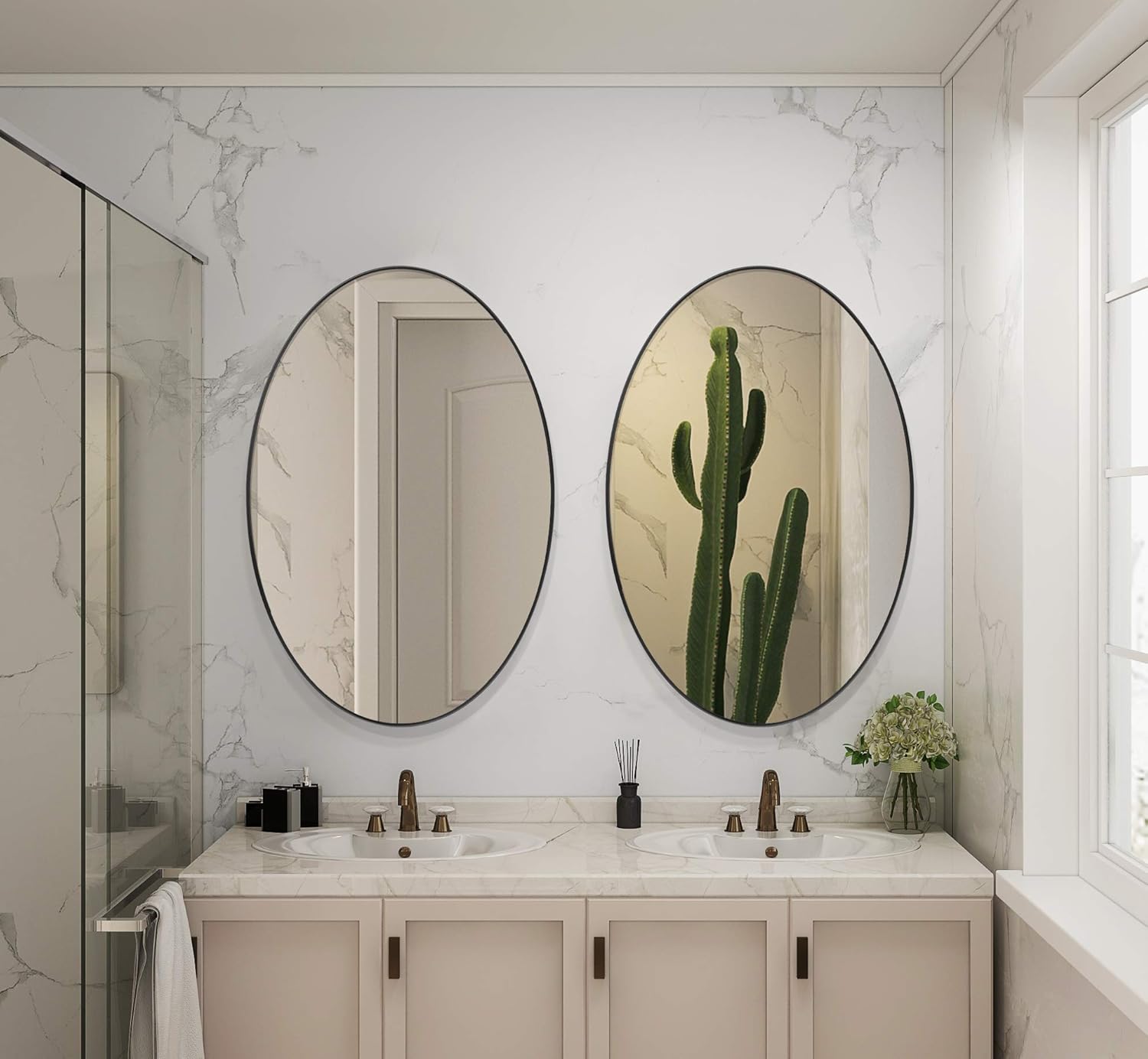 Oval Wall Mirror for Bathroom 24”x36” Large Modern Black Bathroom Mirror with Metal Frame Wall Mount Mirror Hangs Horizontal or Vertical : Home & Kitchen