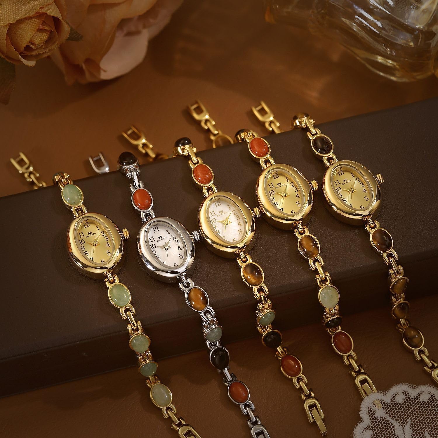 MASTOP Luxury Vintage Gold Watches for Women with Jade Colorful Crystal Small Oval Dainty Silver Watch Ladies Bracelet Dress Quartz Wrist Watch Waterproof Bangle - Image 2