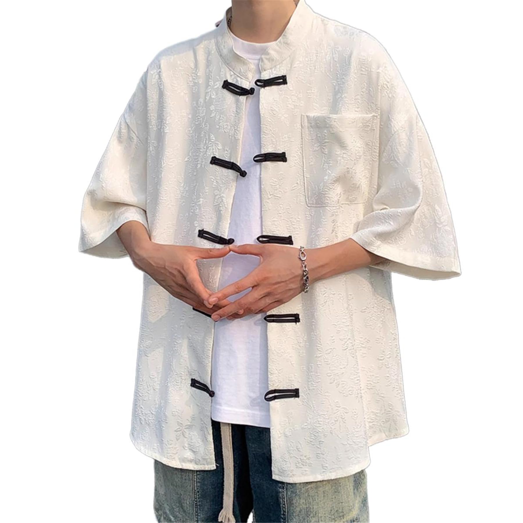 Camisa de Estilo Chino para Hombre con Cierre de Botones, Manga Tres Cuartos, Talla Grande.-