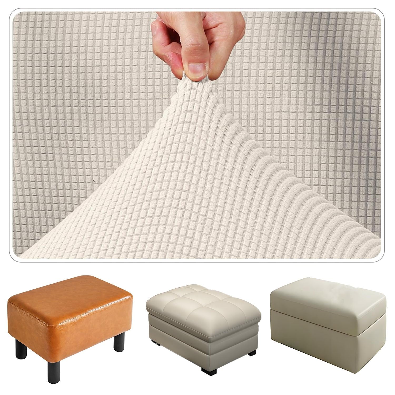 Housse De Tabouret/Pouf Ottoman Rectangulaire Extensible Avec Couvercle Amovible - Protection Élégante Vert, Tissu Polyester Spandex Antidérapant