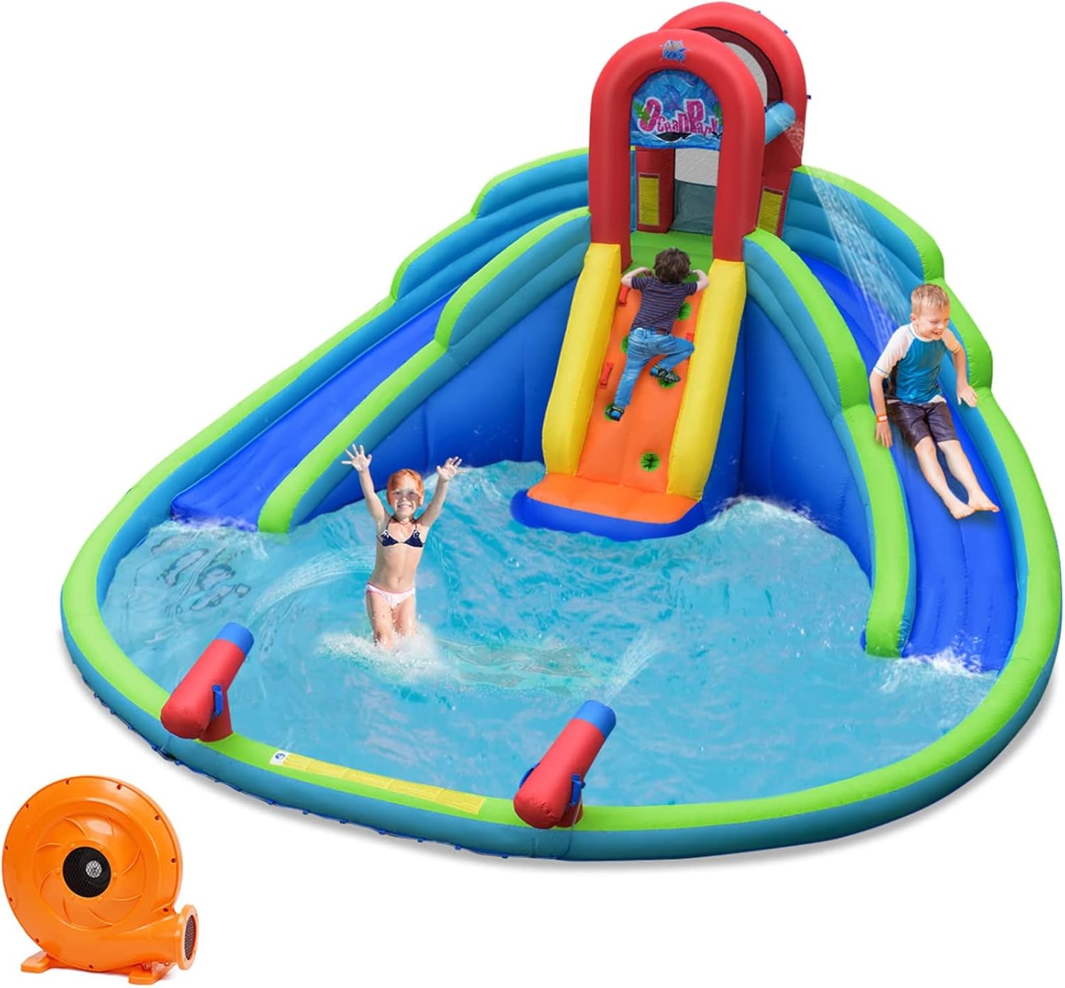 BOUNTECH Inflatable Water Slide, Dinosaur Styling, Double Slides Park with Bounce House, Jumping Castle w/GFCI Air Blower, Blow up Water Slides Inflatable for Big Kids Aged 3-12 Backyard Party Gifts