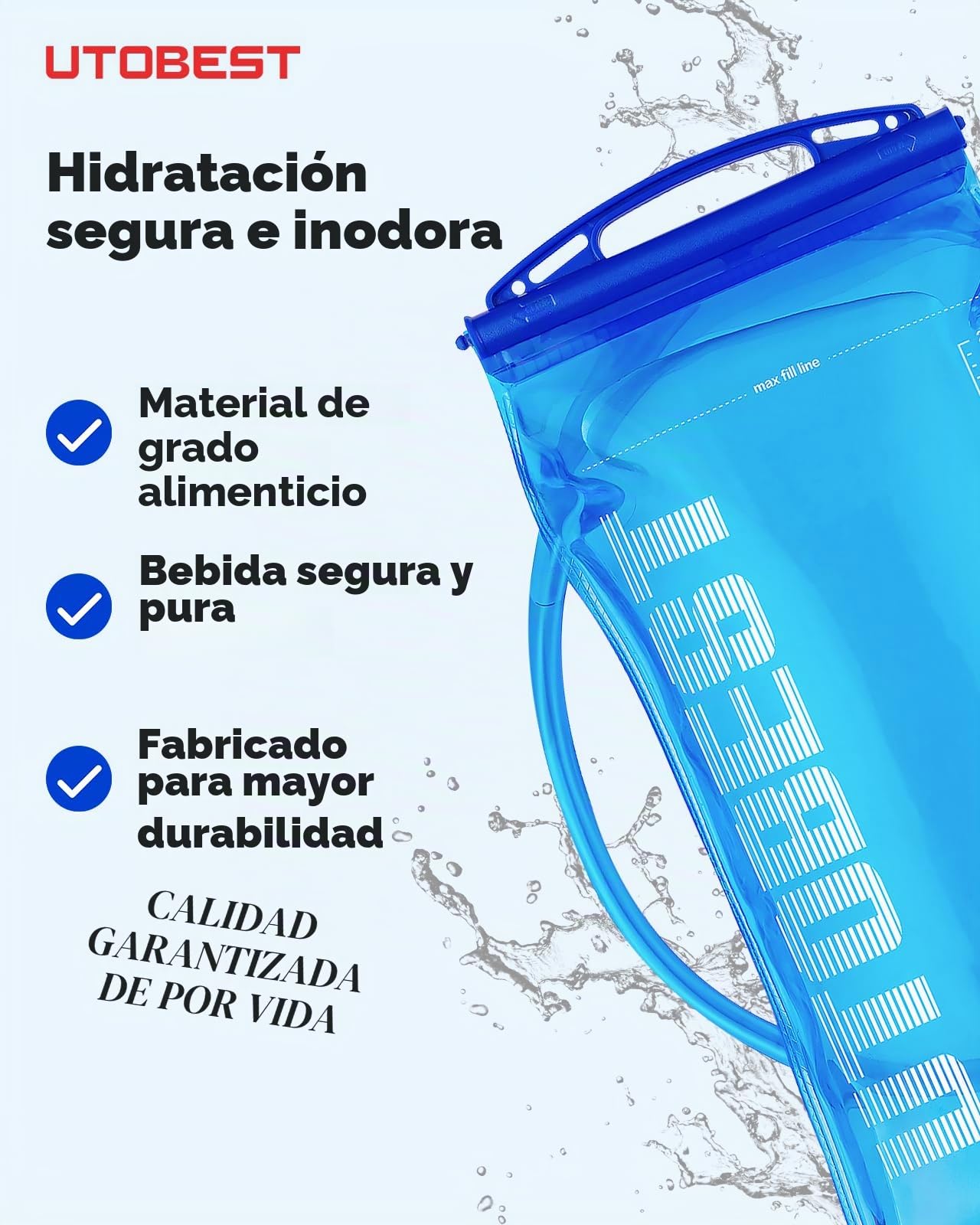 UTOBEST Vejiga de hidratación, Bolsa de Agua de 1 l, 1,5 l, 2 l, 3 l, Bolsa de Agua sin BPA, depósito de Agua a Prueba de Fugas para Correr, Ciclismo, Senderismo, Camping