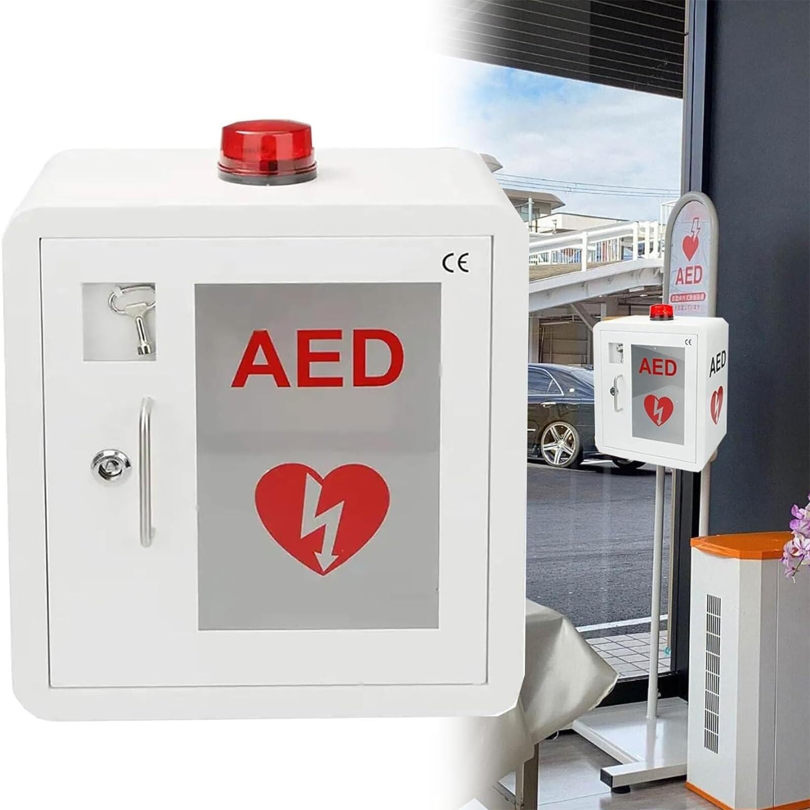 Gabinete de almacenamiento universal para desfibrilador DEA con llave y alarma, gabinete DEA montado en la pared, diseño de esquinas redondeadas para el hogar/oficina/hospital/lugares públicos
