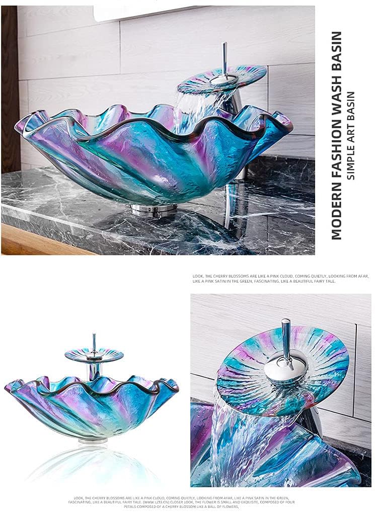 Artistic Bathroom Sink Bathroom Sink Set Tempered Glass Sink Single Basin Waterfall Faucet Drain Hole 45mm Suitable for Restaurants Bathrooms Hotels(T12x450x450x150mm) (Style 2)