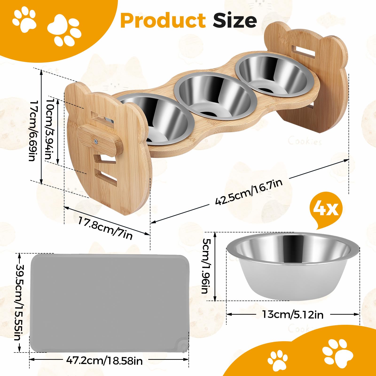 Erhöhter Katzennapf, Katzennäpfe mit Ständer geneigt für Katzen, 4 Höhen verstellbare Katzennäpfe auf Ständer, geneigter Holzständer mit 4 Edelstahlnäpfen und Matte für Haustiere Katzen Welpen Futter