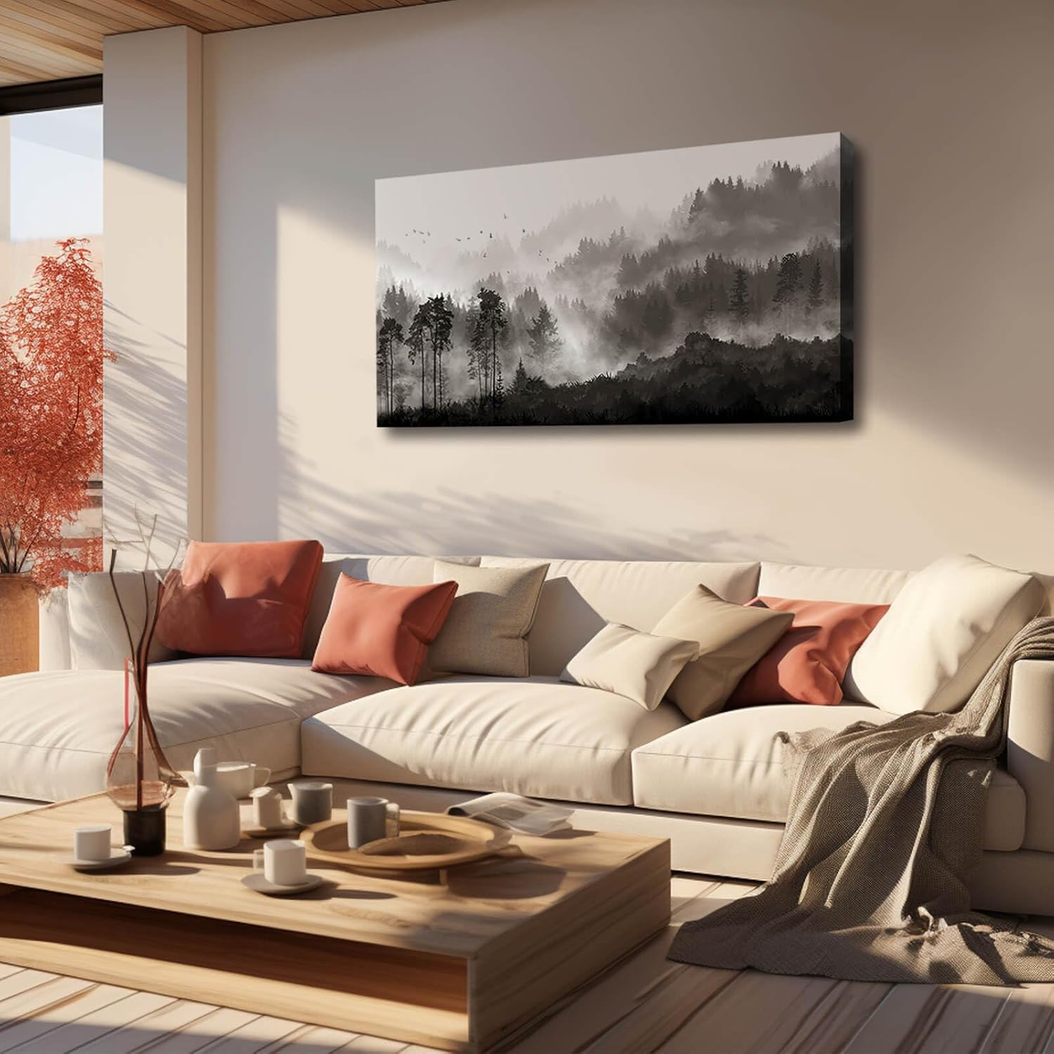 YJYart Landscape Wall Art Black Forest Tree Painting for Bedroom Living Room Kitchen Office Well Decoration Ready to Hang 24x48 Inches