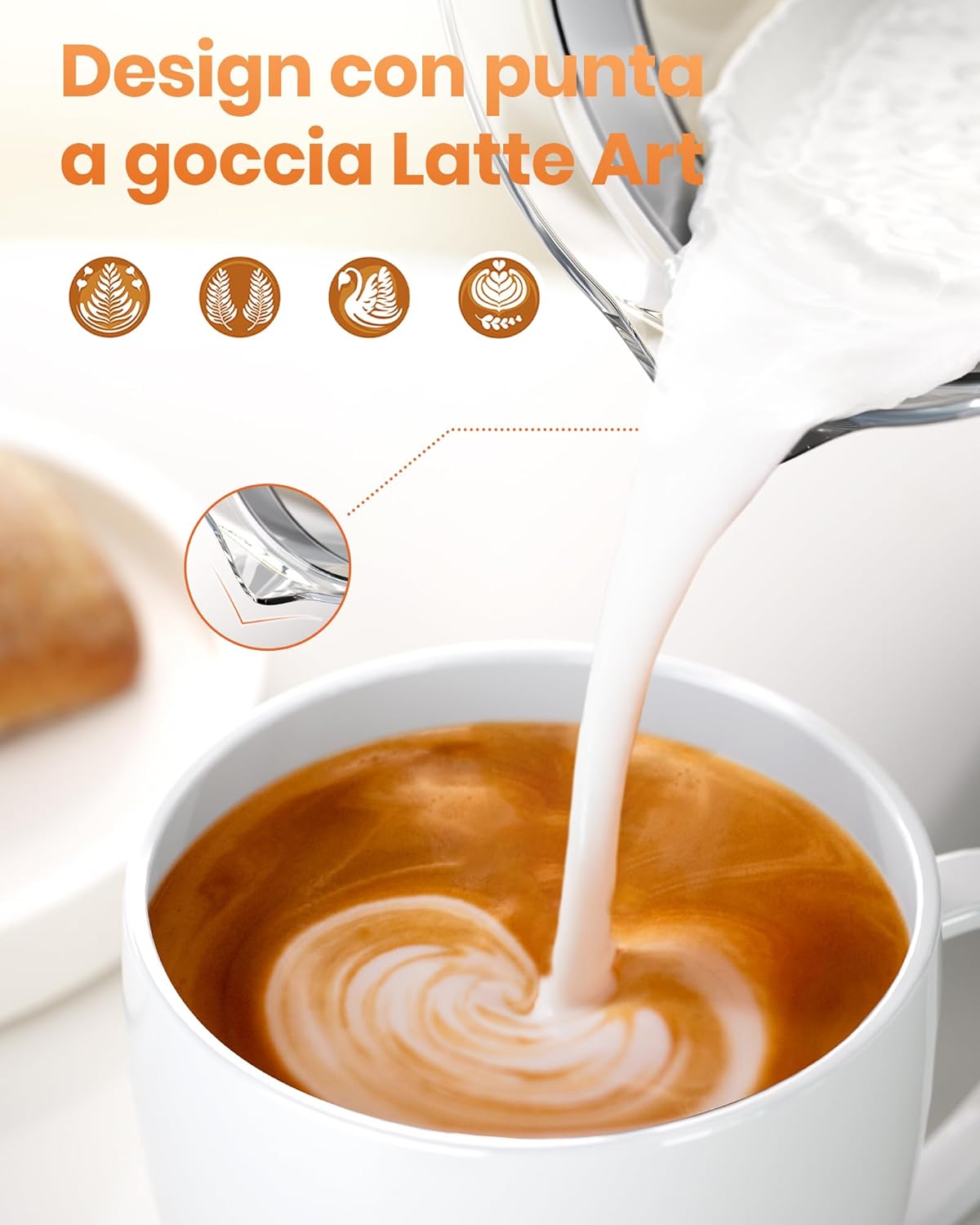 Morpilot Milk Frother pouring milk with latte art exampليه