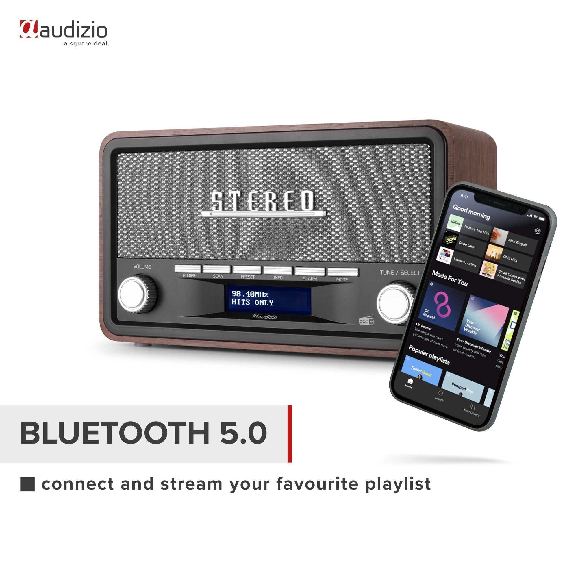 Audizio Foggia, Retro Radio, DAB Plus Radio, Bluetooth, Batterie- Netzbetrieb, Radiowecker, FM, 20 Speicherplätze, AUX, Alarm Küchenradio Vintage, Grau