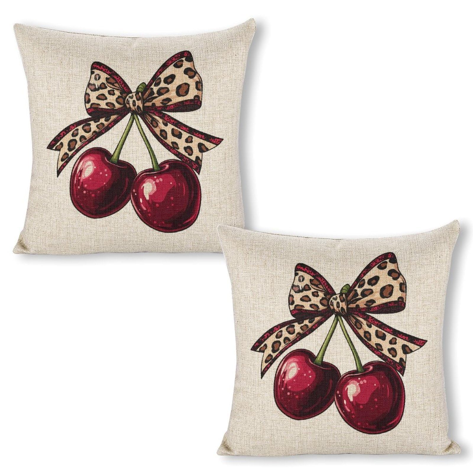 peiyeety Red Cherries with Leopard Print Bow Pillow Covers 18x18 Set of 2, Throw Pillows Covers Linen Cushion Case for Couch Sofa Farmhouse Decor