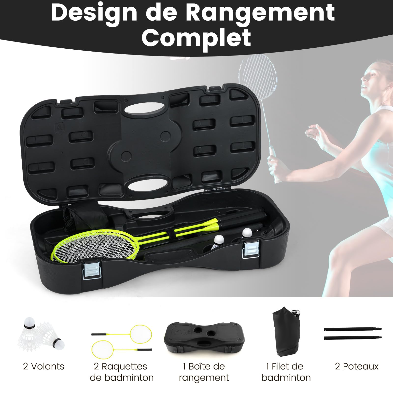 COSTWAY Badminton Set Complet Portable 270 x 160 cm, Kit Badminton avec Filet en PE 2 Raquettes et 2 Volants Boîte de Rangement, Jeu d'Extérieur pour Plage Jardin Cour