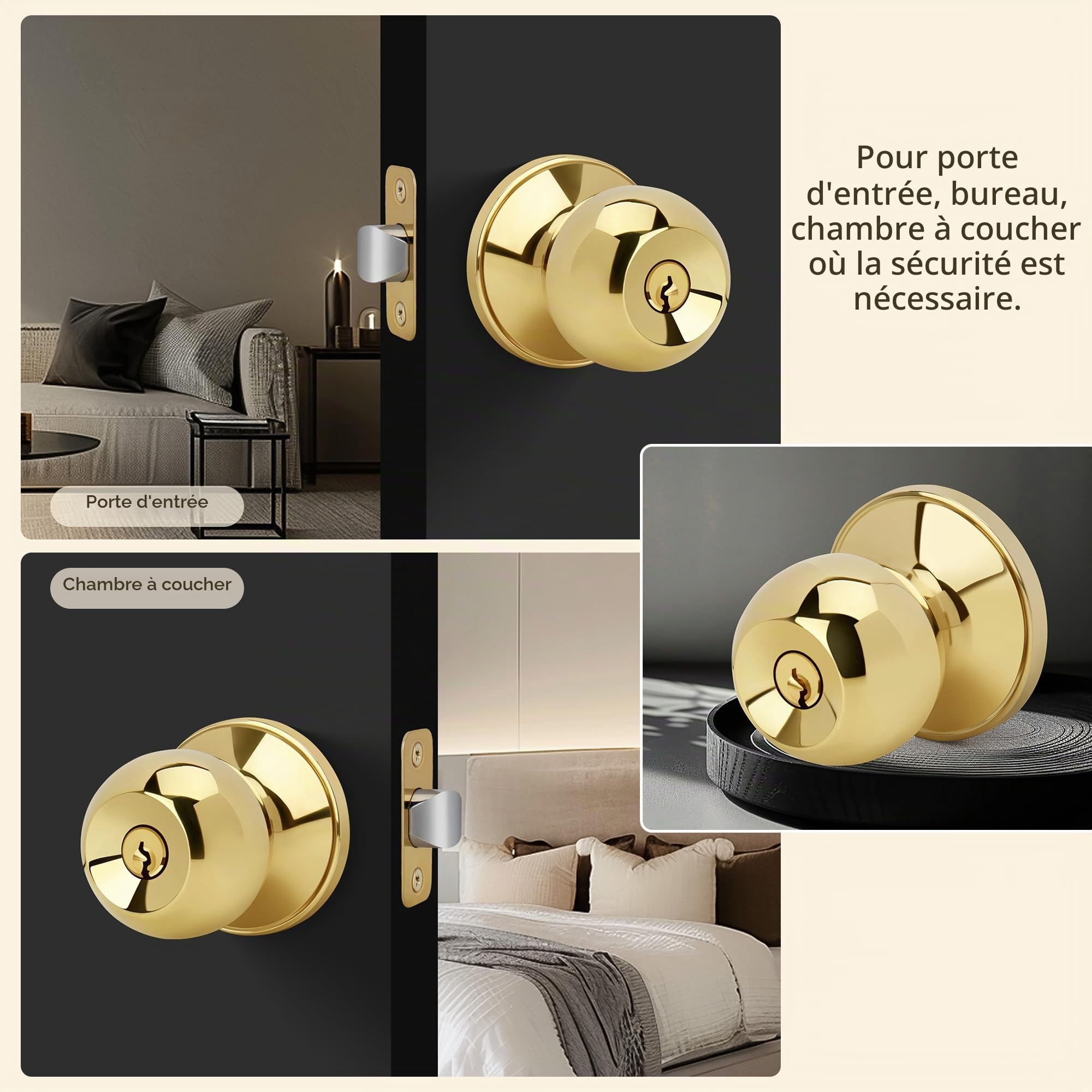 Bouton de porte en forme de boule avec clés et serrure, poignée de porte d'entrée à clé ronde pour portes d'entrée/d'entrée, finition laiton poli