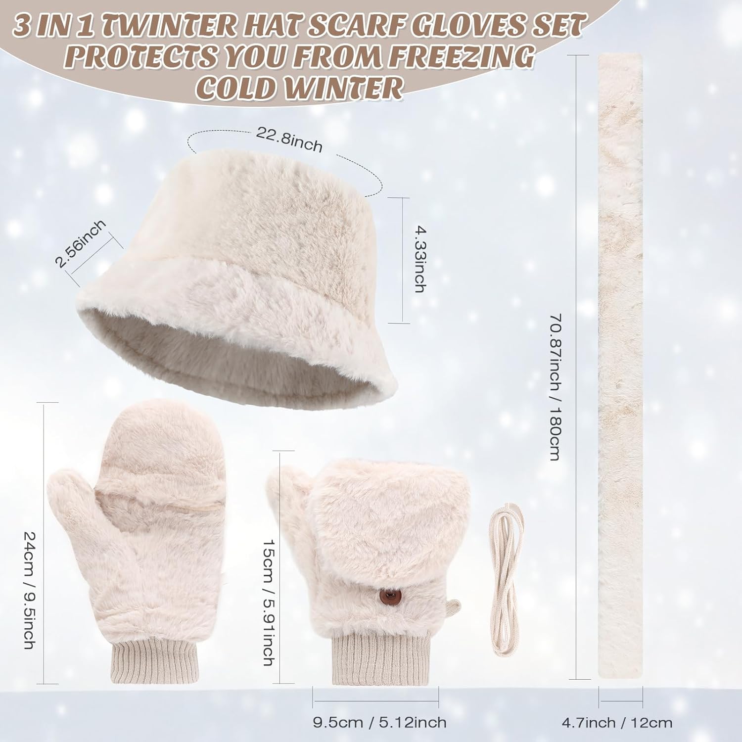 3 Pcs Winter Faux Fur Hat Scarf Gloves Set for Women Faux Fur Bucket Hat Winter Flip Gloves Warm Scarf for Men Women - Image 2