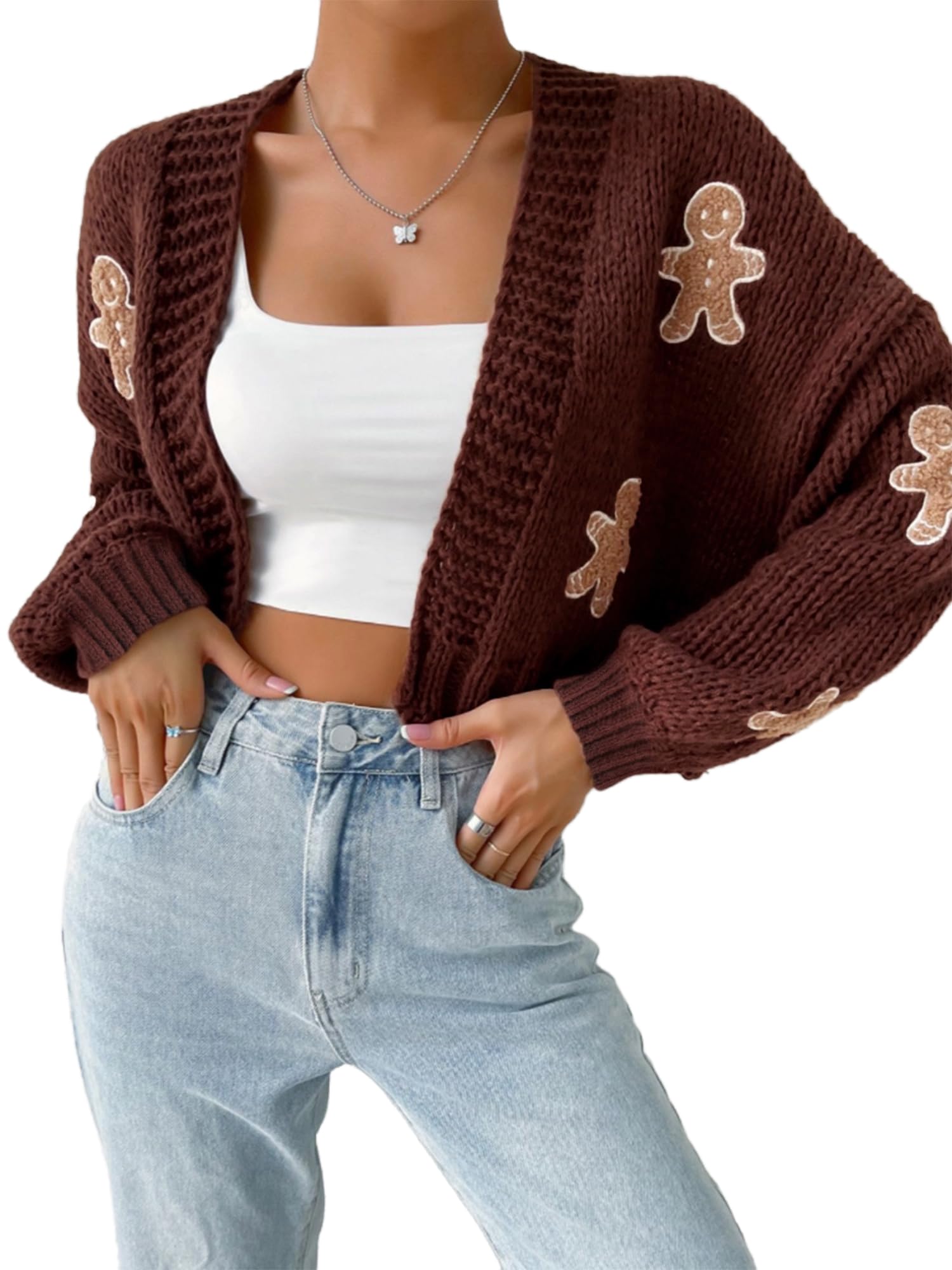 Women Gingerbread Man Knit Cardigan Chunky Cable Knit Sweater Open Front Shrug for Women