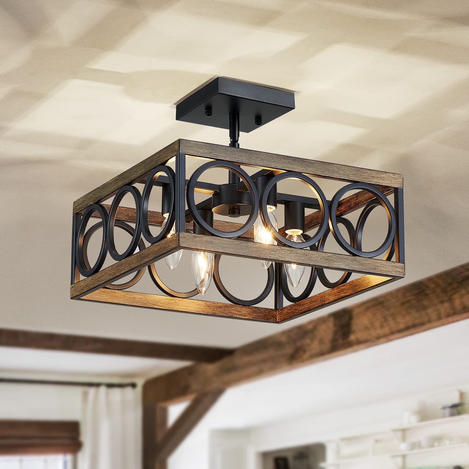 Photo 1 of XINGQI 13'' Rustic Semi Flush Mount Ceiling Light, Vintage  Chandelier Ceiling Lighting Fixture for Living Dining Room Bedroom, Antique Wood Grain+Matte Black with Square Metal Shade, 4 E12 Bulbs Black Ceiling-Square 4 Light