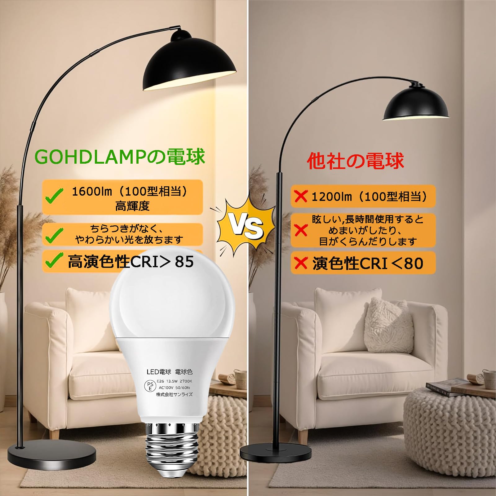 Amazon | GOHDLAMP LED電球 電球色 100W型（13.5W） 非調光 A19/E26
