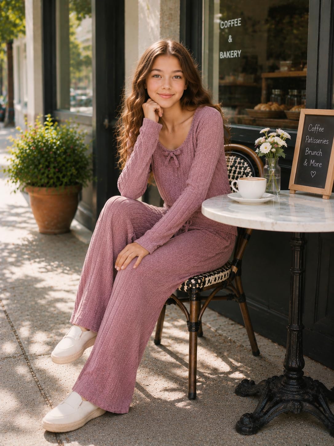Cakaner Tween Girls Clothes 2 Piece Outfit Set Ribbed Knit Long Sleeve Scoop Neck Top + Wide Leg Pants Matching Set Size 7-14 image 4