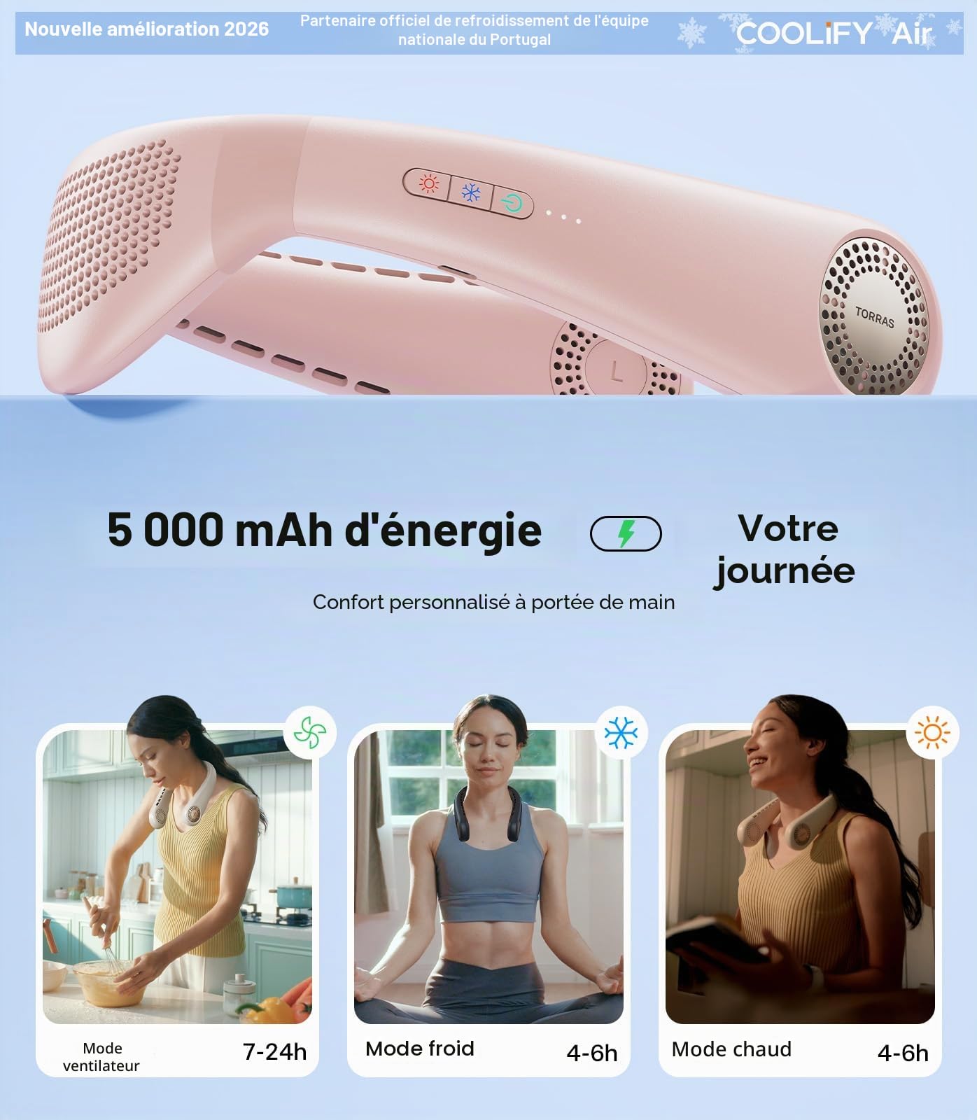 TORRAS COOLiFY Air 2026 Ventilateur de Cou Climatiseur Amélioré, Ventilateur Portable Ultra-Léger Rechargeable, Refroidissement Personnel de Cou avec 3 Modes Ventilateur/Refroidisseur/Chauffage pour