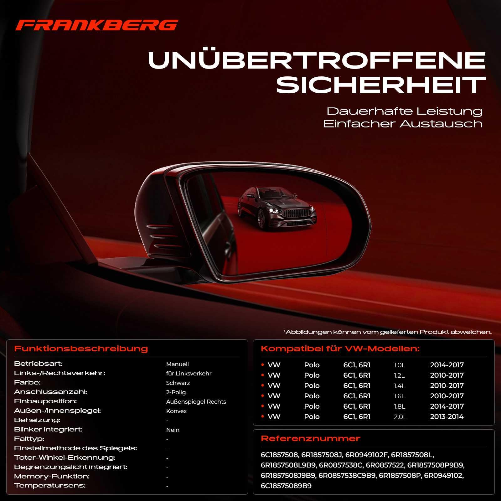 Frankberg Specchietto retrovisore esterno manuale destro a 2 Poli | Compatibile con: Polo 6C1 6R1