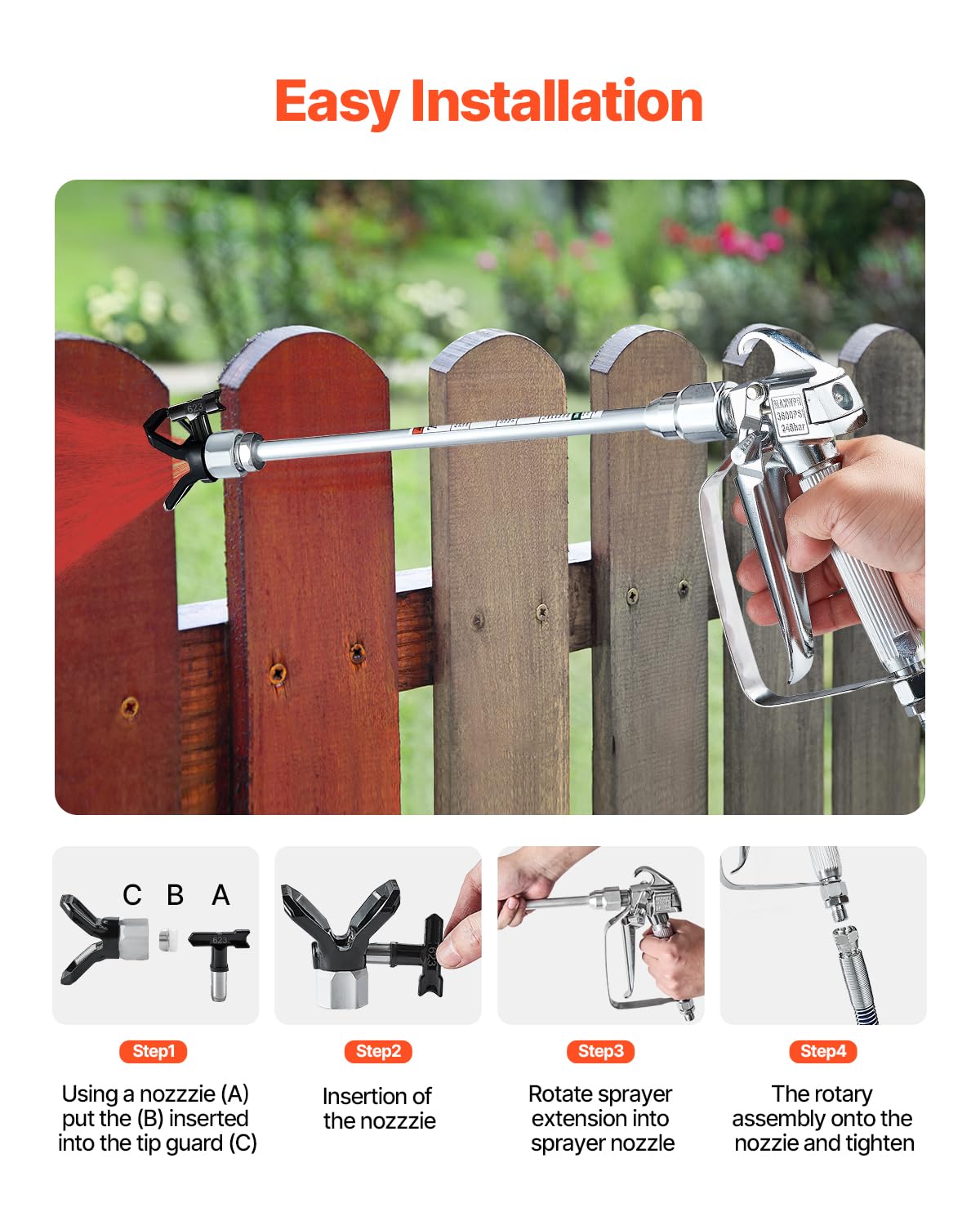 VEVOR Kit Pistola a Spruzzo Airless e Tubo Flessibile, Set Tubi Flessibili per Spruzzatore di Vernice Alta Pressione 248 Bar con 5 Ugelli, Giunto Girevole, Filtri, Tubo Flessibile, Aste di Prolunga