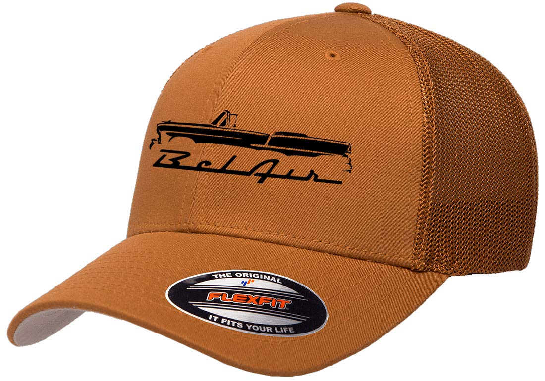 1955 Belair Convertible Outline Design Flexfit Trucker Mesh Fitted Cap Caramel