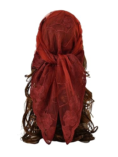Floerns Women's Flower Embroidery Hair Scarf Headband Sheer Lace Hair Bandana - One Size - Wine Red