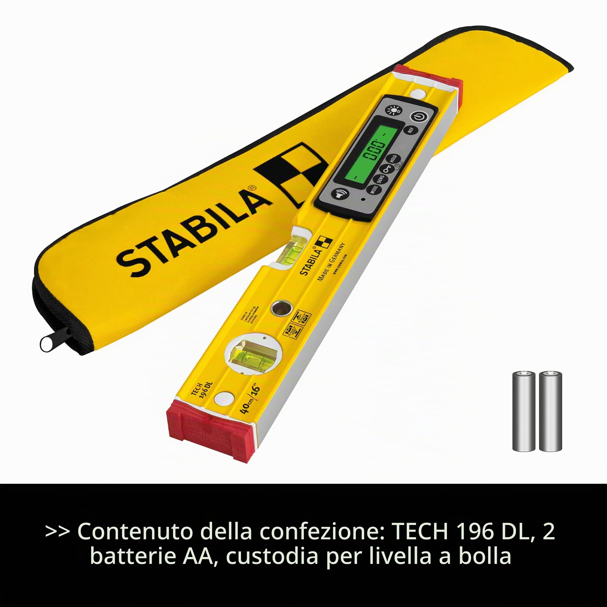 STABILA Livella elettronica TECH 196 DL – livella digitale impermeabile e antipolvere secondo IP 67, 2 display digitali, senza calibrazione con custodia, 40 cm