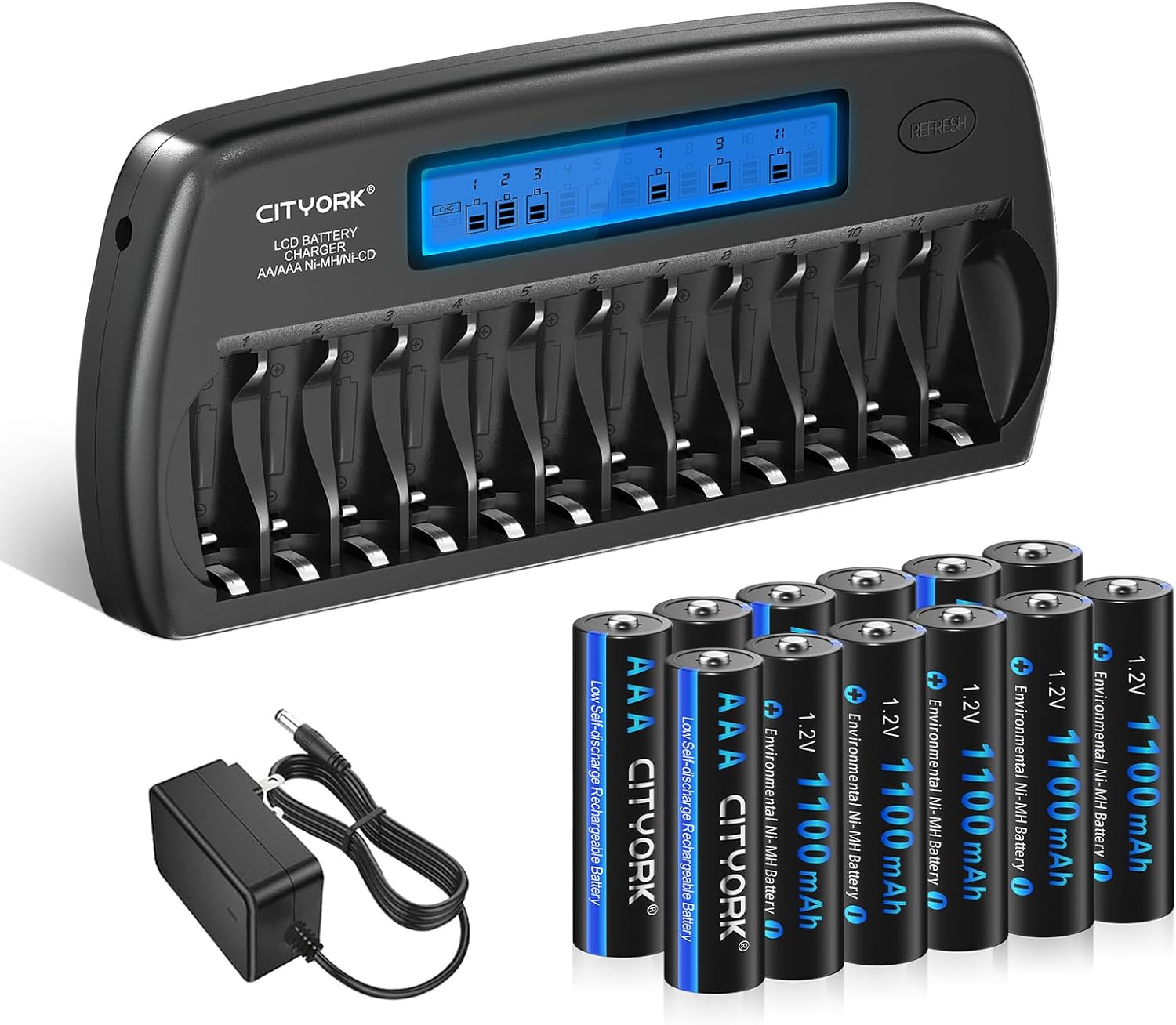 Rechargeable AAA Batteries with Charger, 12 Pack AAA1100mAh Ni-MH Battery with 12 Bay Battery Charger for AA AAA Ni-MH/Ni-CD Rechargeable Battery with Discharge Function