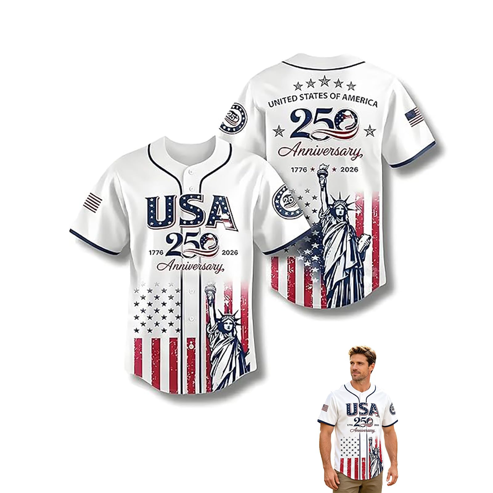Guuzetu Unisex 1Pc Usa 250Th Anniversary Baseball Jersey, Patriotic Statue Of Liberty Print Shirt, Usa Flag Button Down Shirt (,Xxl)